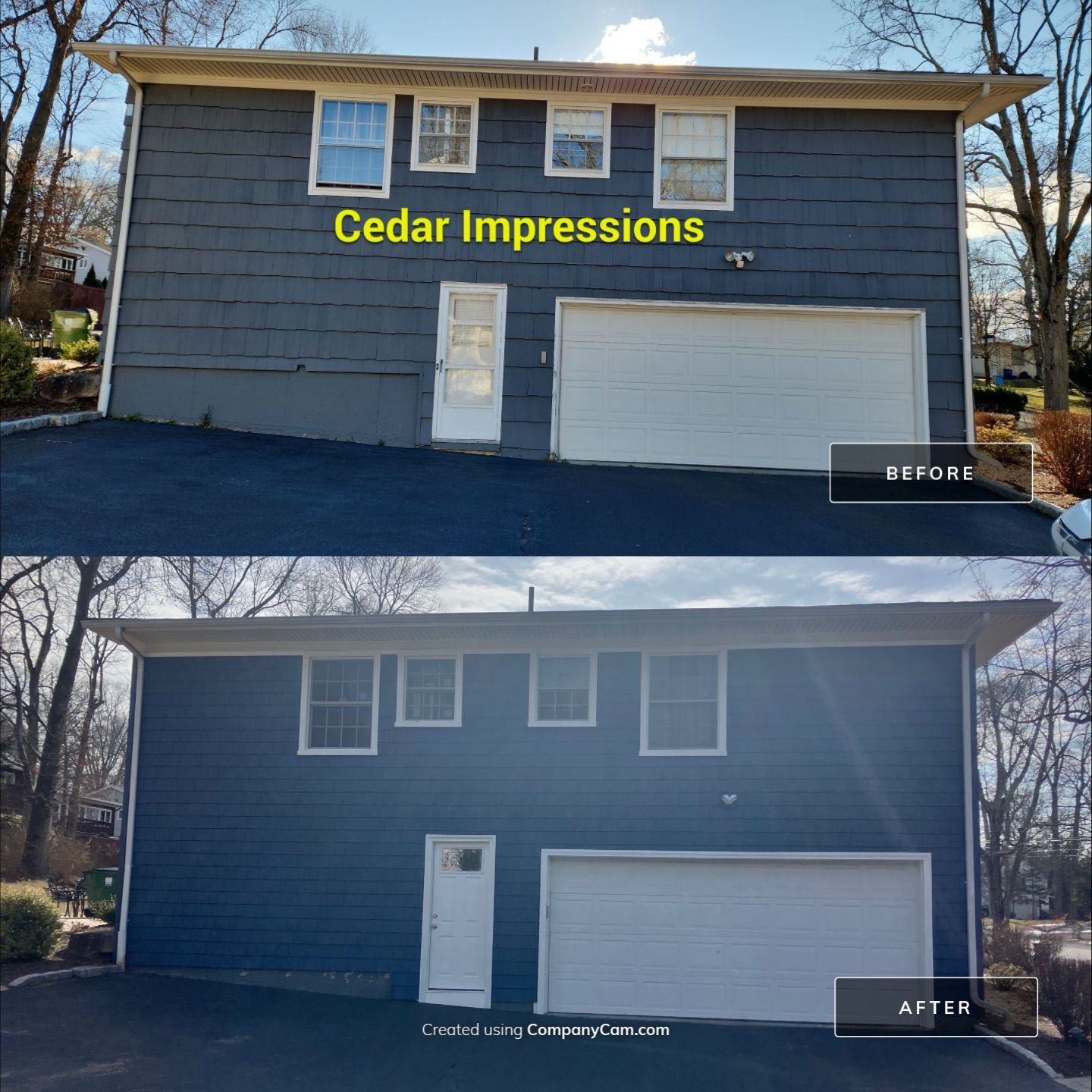 Elevated Siding with Cert Cedar Impressions D/7 Perfection straight bottom, Midnight Blue and Cert Monogram D/4 x 25' clapboard, Midnight Blue by DiGiorgi Roofing and Siding Inc