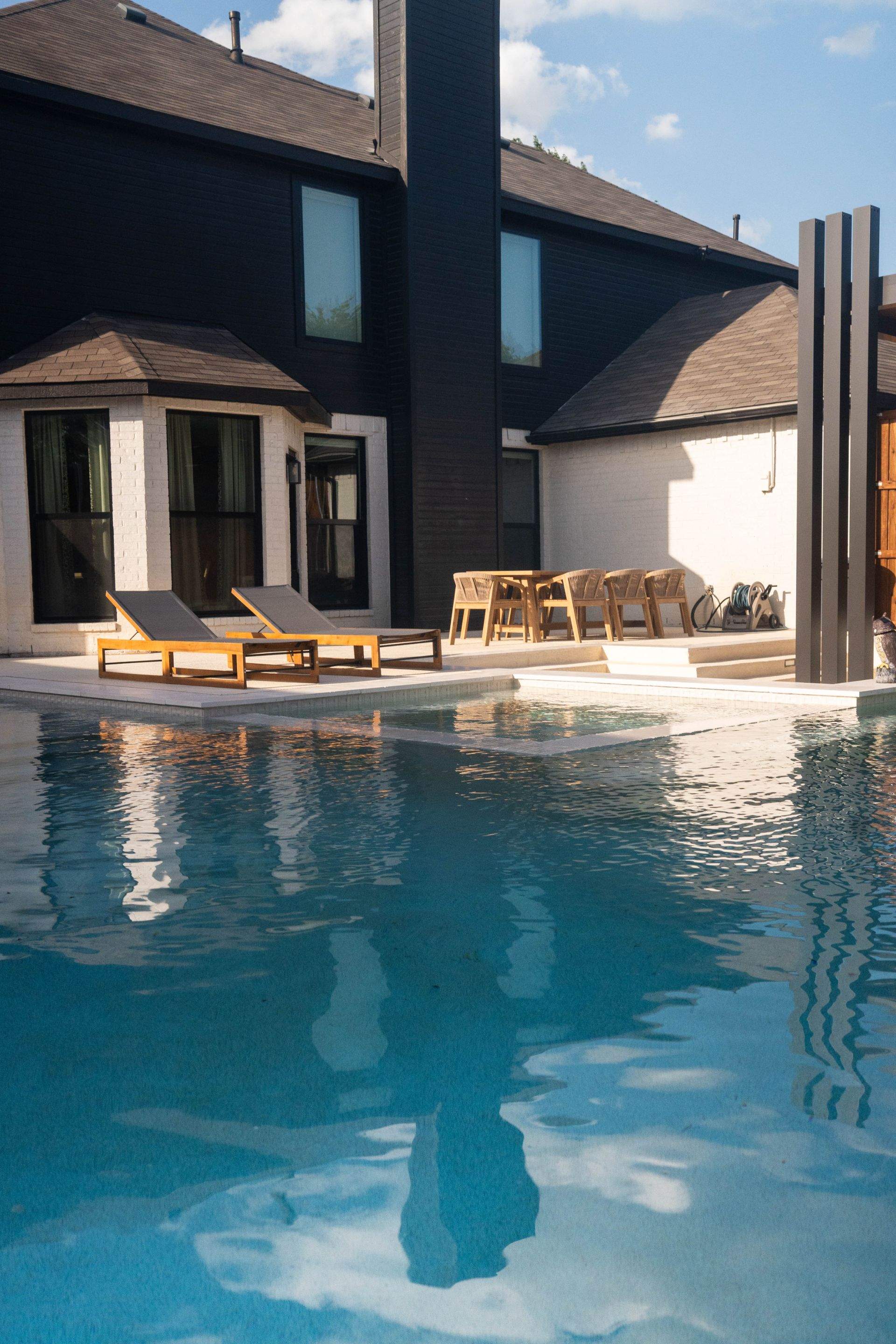 Modern Geometric Pool with Cabana and Fire Feature by Pinnacle Pools and Spas - DFW