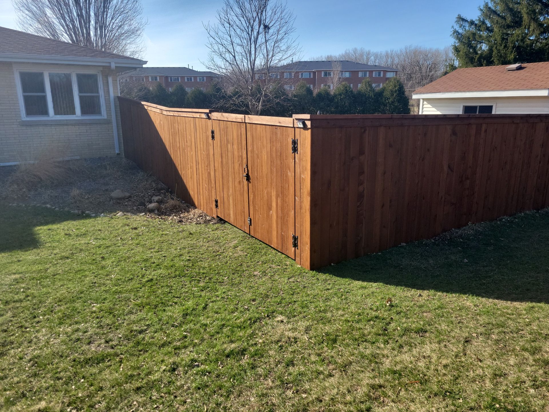 Custom Cedar Wood Privacy Fence with Double Gates and Integrated Planter Mailbox by Perfect Picket Fence and Stain