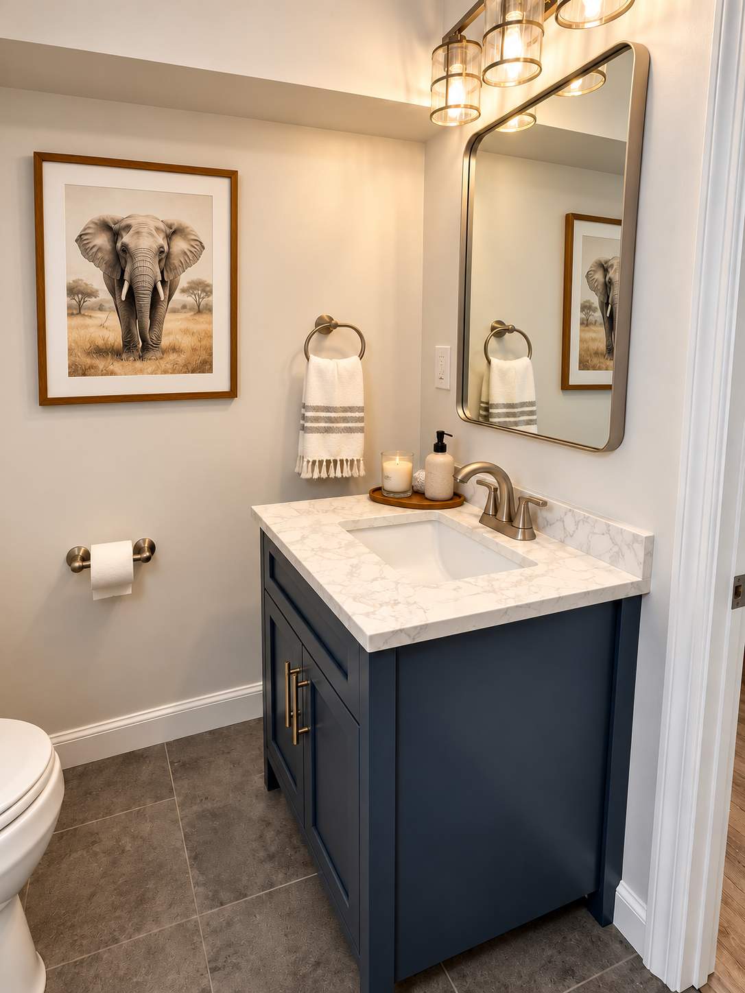 Modern Bathroom Remodel with Custom Corner Shower & Navy Vanity by Remodel Now