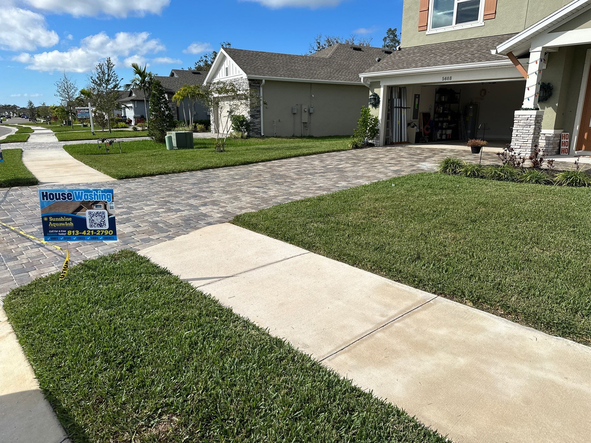 House Wash, Paver Driveway & Sidewalk Cleaning + Sanding & Sealing in Trevesta Community, Palmetto, FL by Sunshine AquaWash