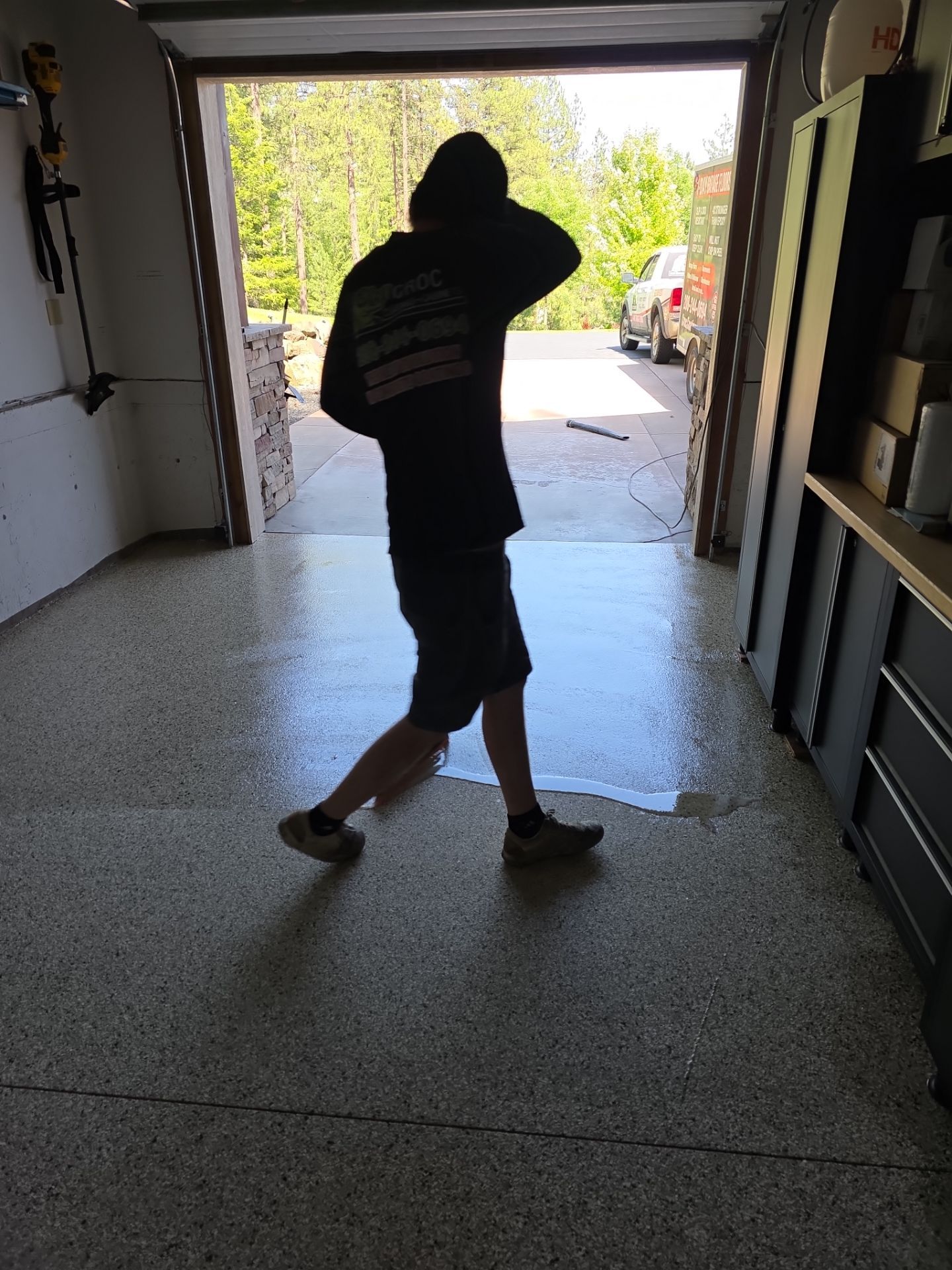 Garage Floor Transformation with Driftwood Flake Coating in Coeur d'Alene by Croc Coatings, LLC