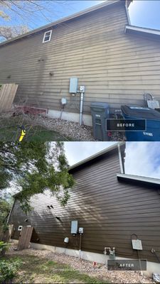 Before and after photo of a home exterior wall repainted by Hill Country Painting in Austin, TX