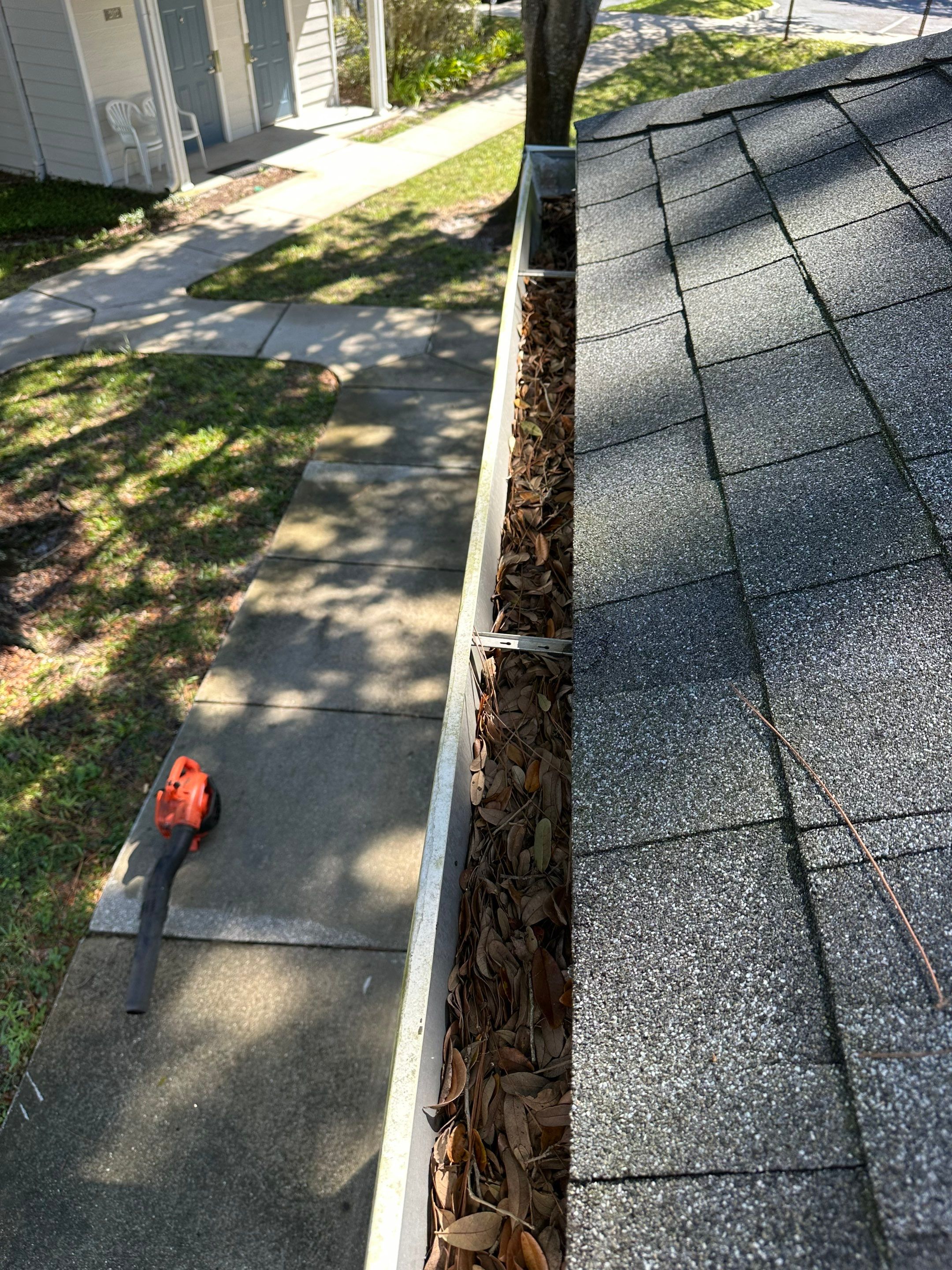 Commercial gutter cleaning Deltona & DeLand, FL before photo with filled gutters
