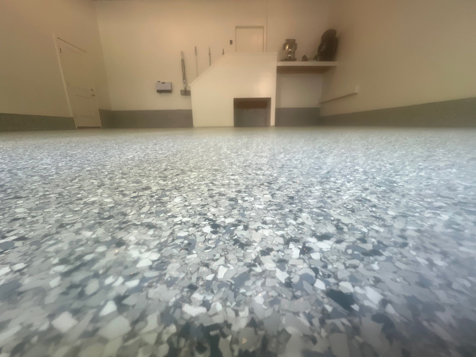 Garage Transformation in West Michigan | Full Interior Repaint & Epoxy Flake Floor in Tidal Wave Blend by Gordon Painting