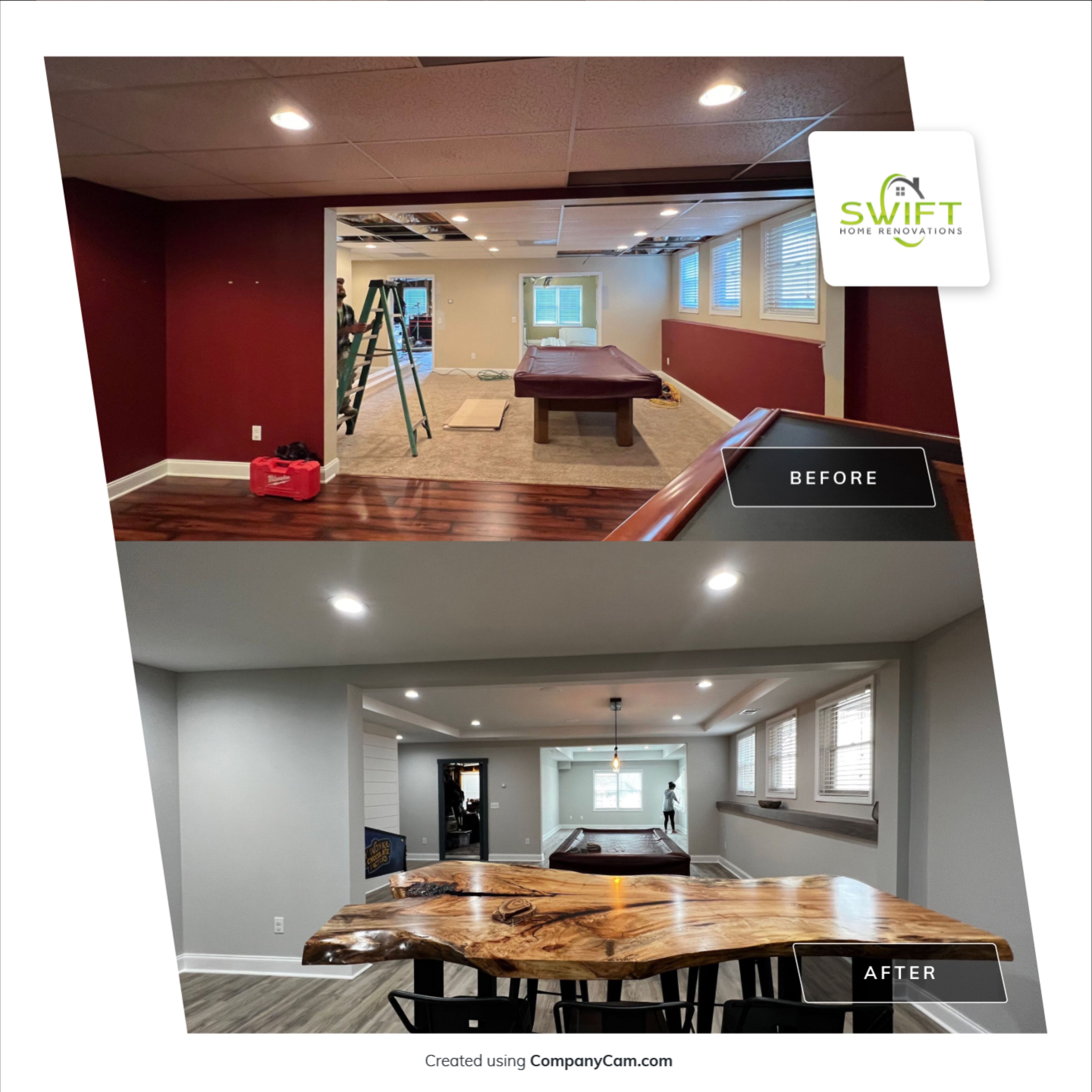 Modern Basement Remodeling in Woodstock with Custom Live-Edge Bar by Swift Home Renovations