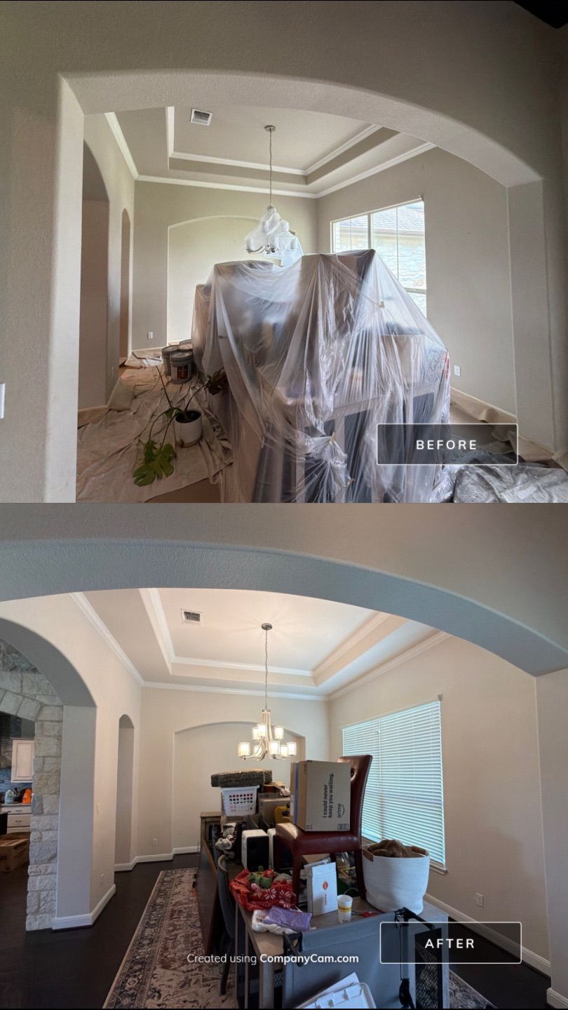 Before and after photo of a dining room repainted by Hill Country Painting in Driftwood, TX