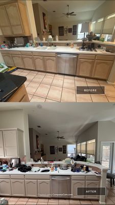 Before and after photo of a kitchen peninsula repainted cream by Hill Country Painting in Austin, TX