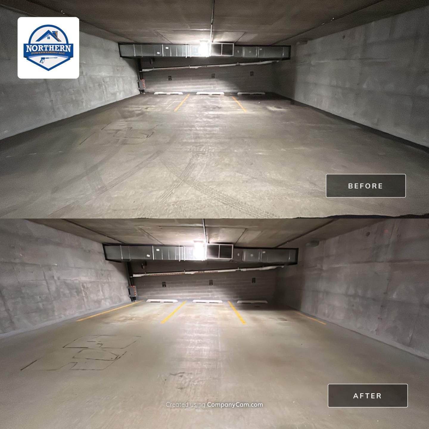 Parking garage using Hot water by Northern Power Washing LLC.