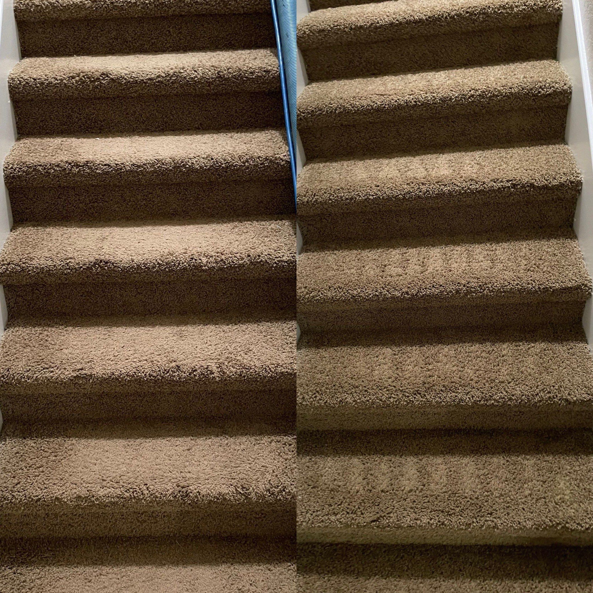 carpet cleaning service on staircases resulting in clean and refreshed carpet shown in before and after comparison