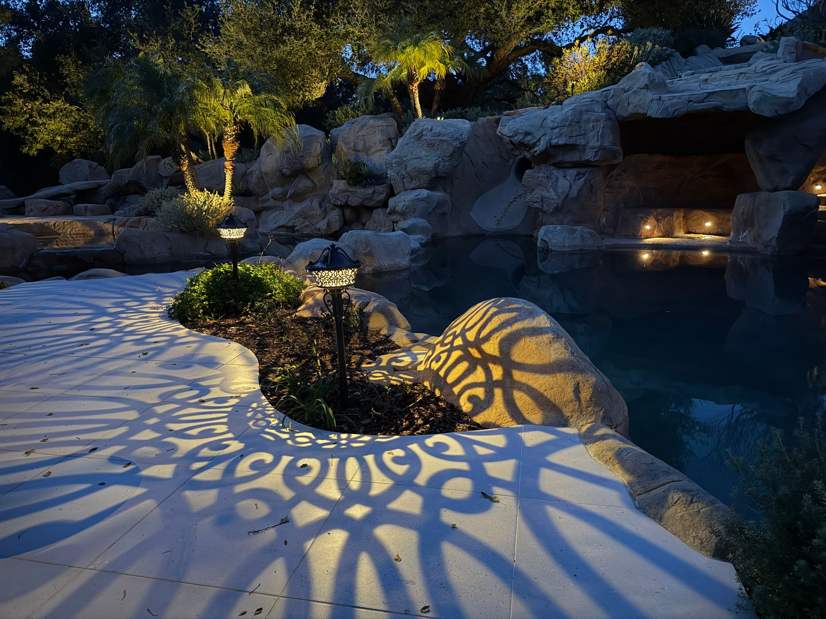 Tudor Estate Landscape Lighting with Integrated Stone Step Illumination by Outdoor Lights + Shades