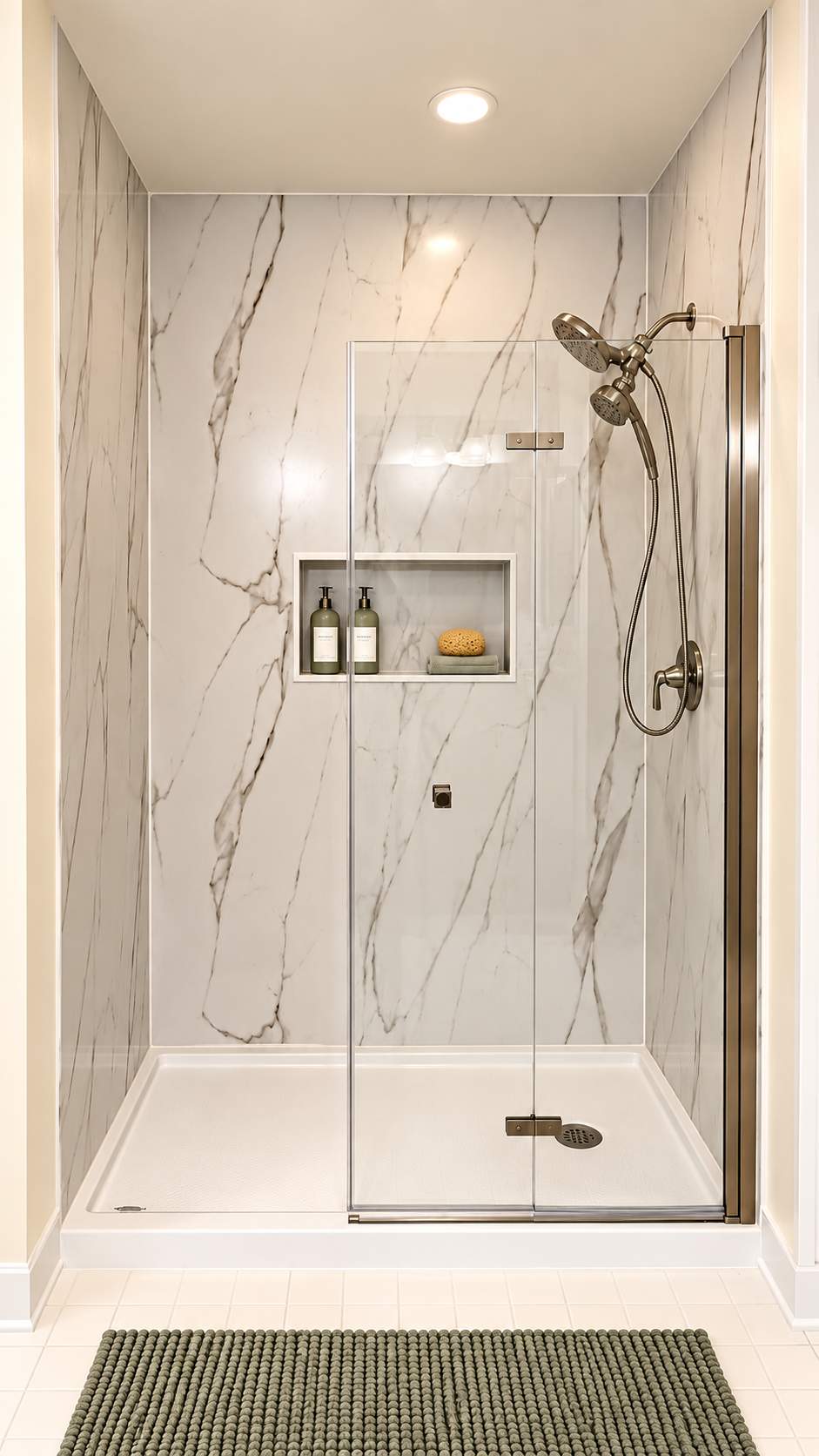 Modern Walk-In Shower Remodel with Marble-Look Surround & Frameless Glass by Remodel Now