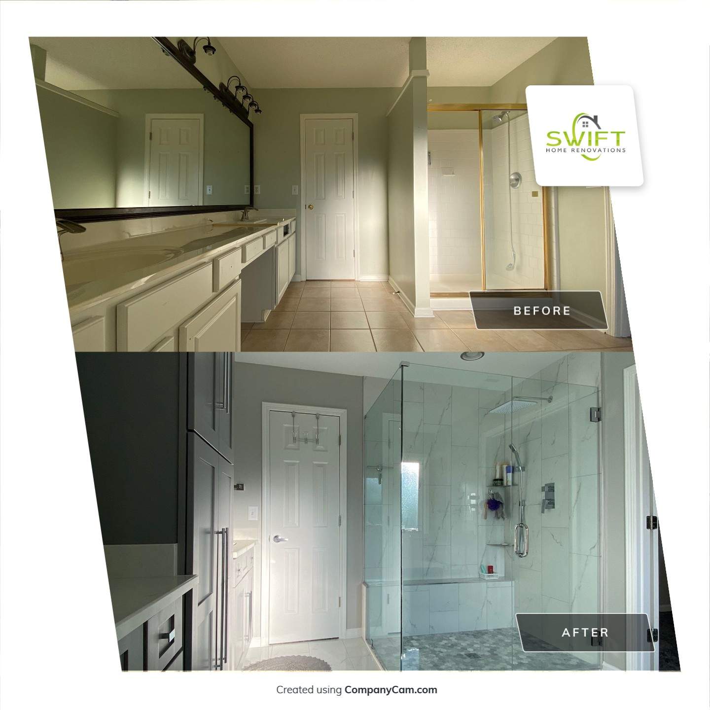 Master Bathroom Renovation Featuring Marble-Look Tile and Frameless Glass by Swift Home Renovations