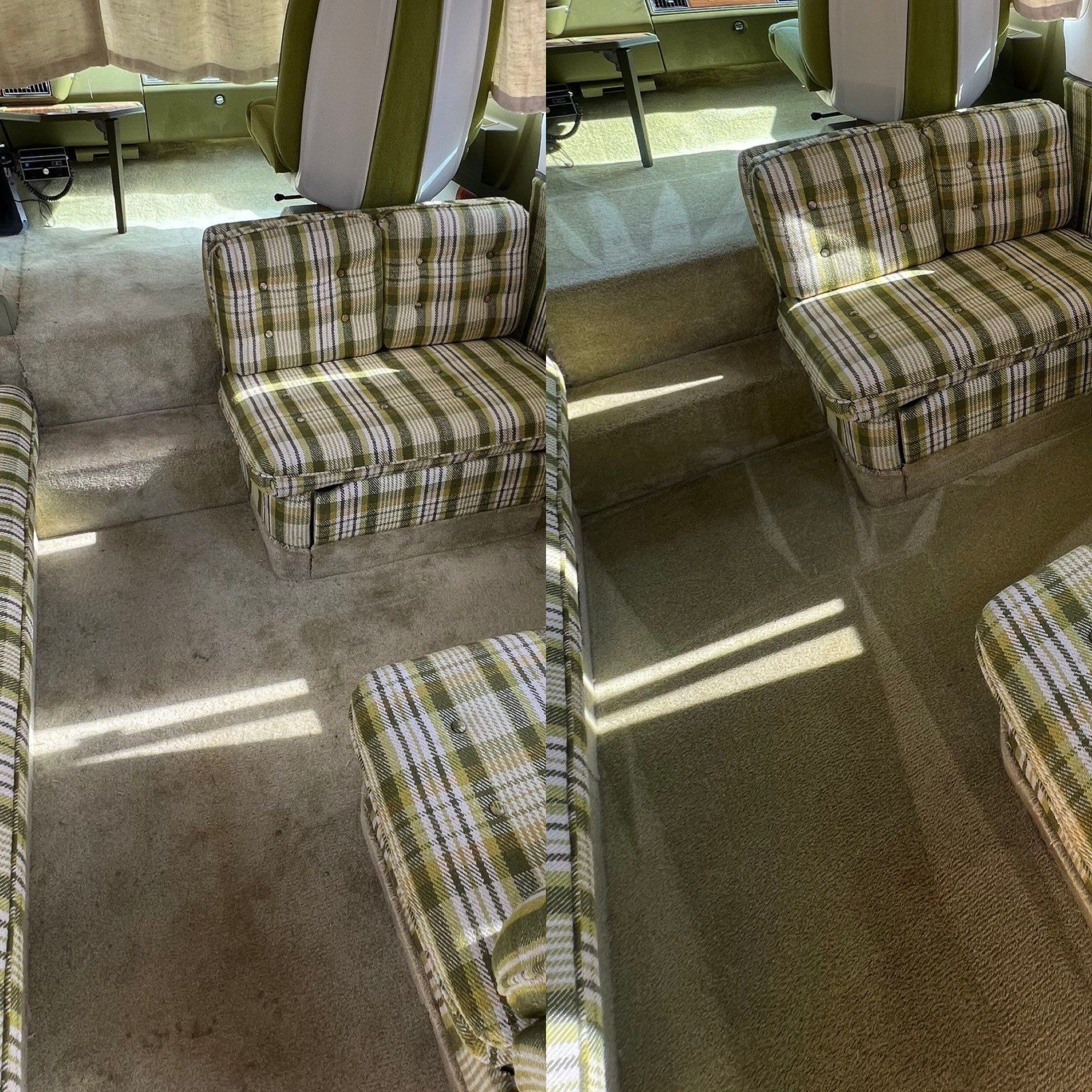 the service is cleaning upholstery and carpets in a living area to remove dirt and stains for a fresh appearance