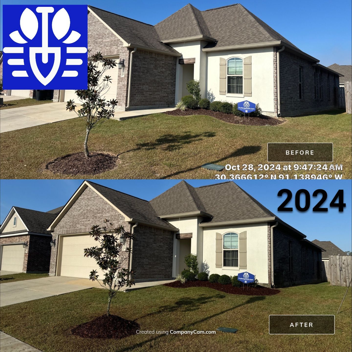 LANDSCAPE SERVICES: DEMO / BED PREP / CUT IN BED EDGES / MULCH INSTALL using BROWN MULCH "BARK BRITE" by CutScape, LLC.