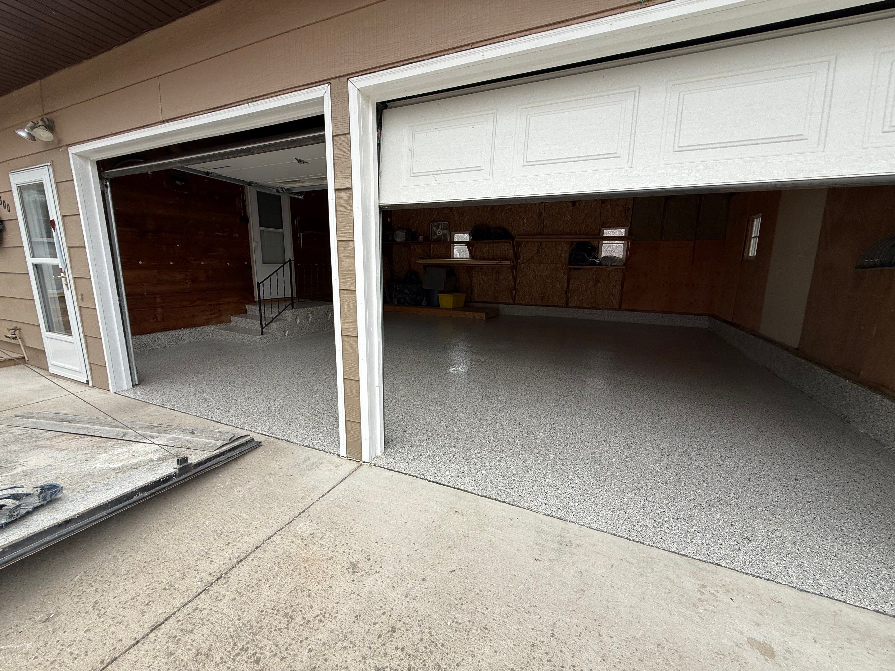 Multi-Colored Epoxy Garage Floor Coating and Concrete Stair Restoration by Select Painting, Coatings & Garage Cabinets