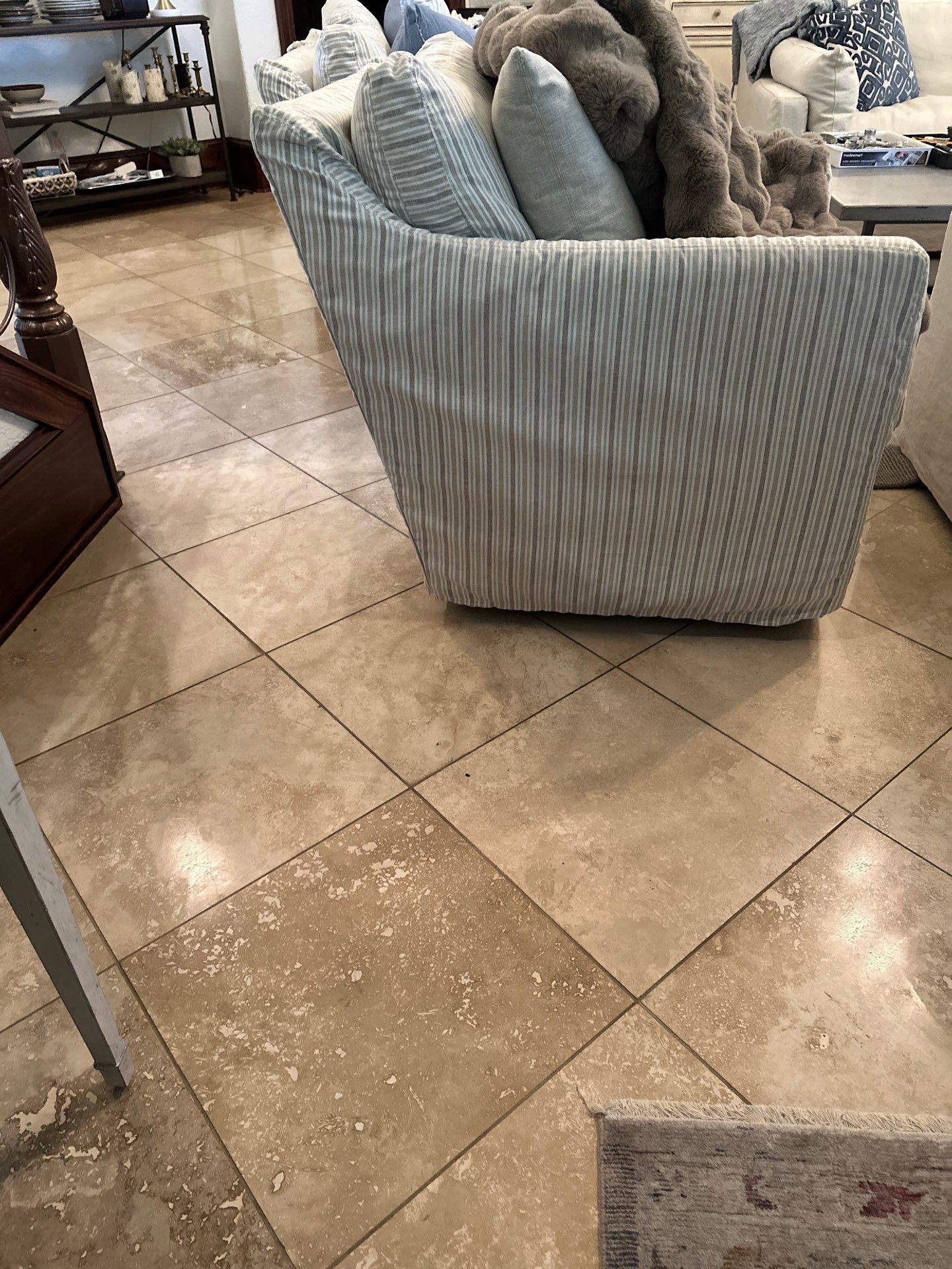 Polished Travertine Floor Restoration for Gulf Shores Residence by Cornerstone Hard Surface Restoration