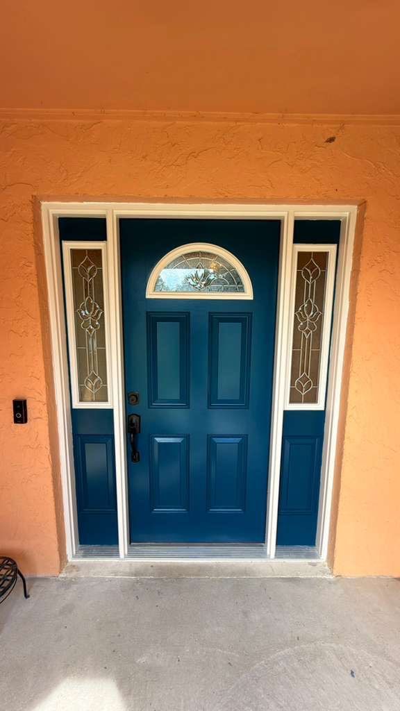 Navy Blue Entry Door Installation with Leaded Glass Sidelights by Kaplan Remodeling