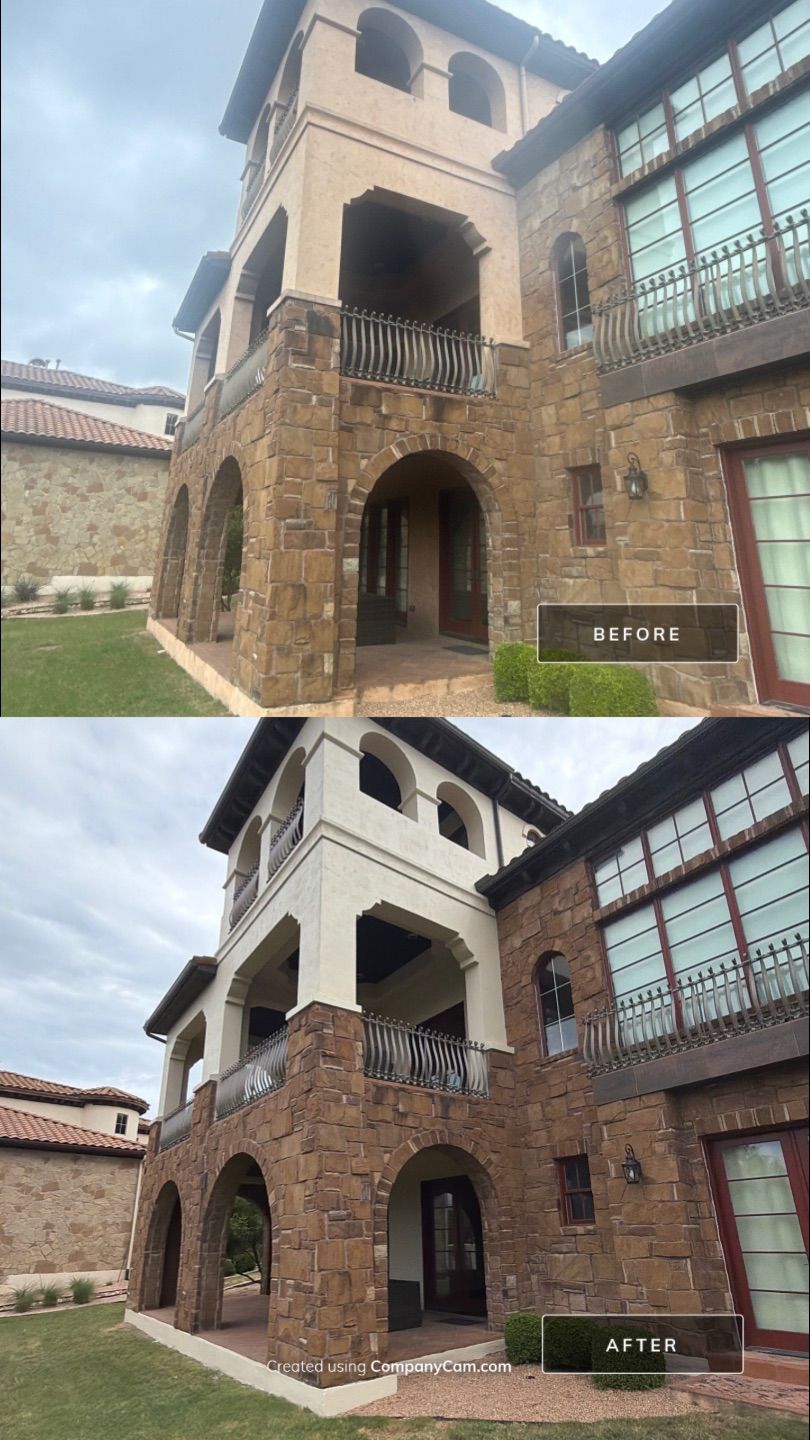 Before and after photo of an entry tower repainted by Hill Country Painting in Lakeway, TX