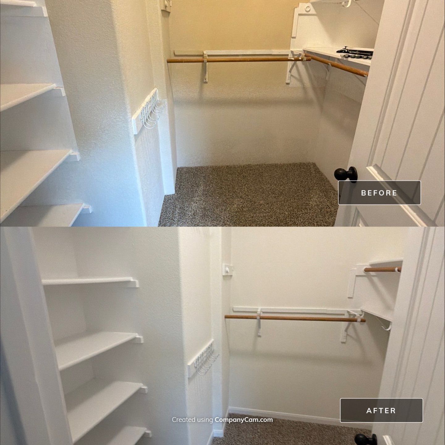 Before and after photo of a master closet repainted by Hill Country Painting in Dripping Springs, TX