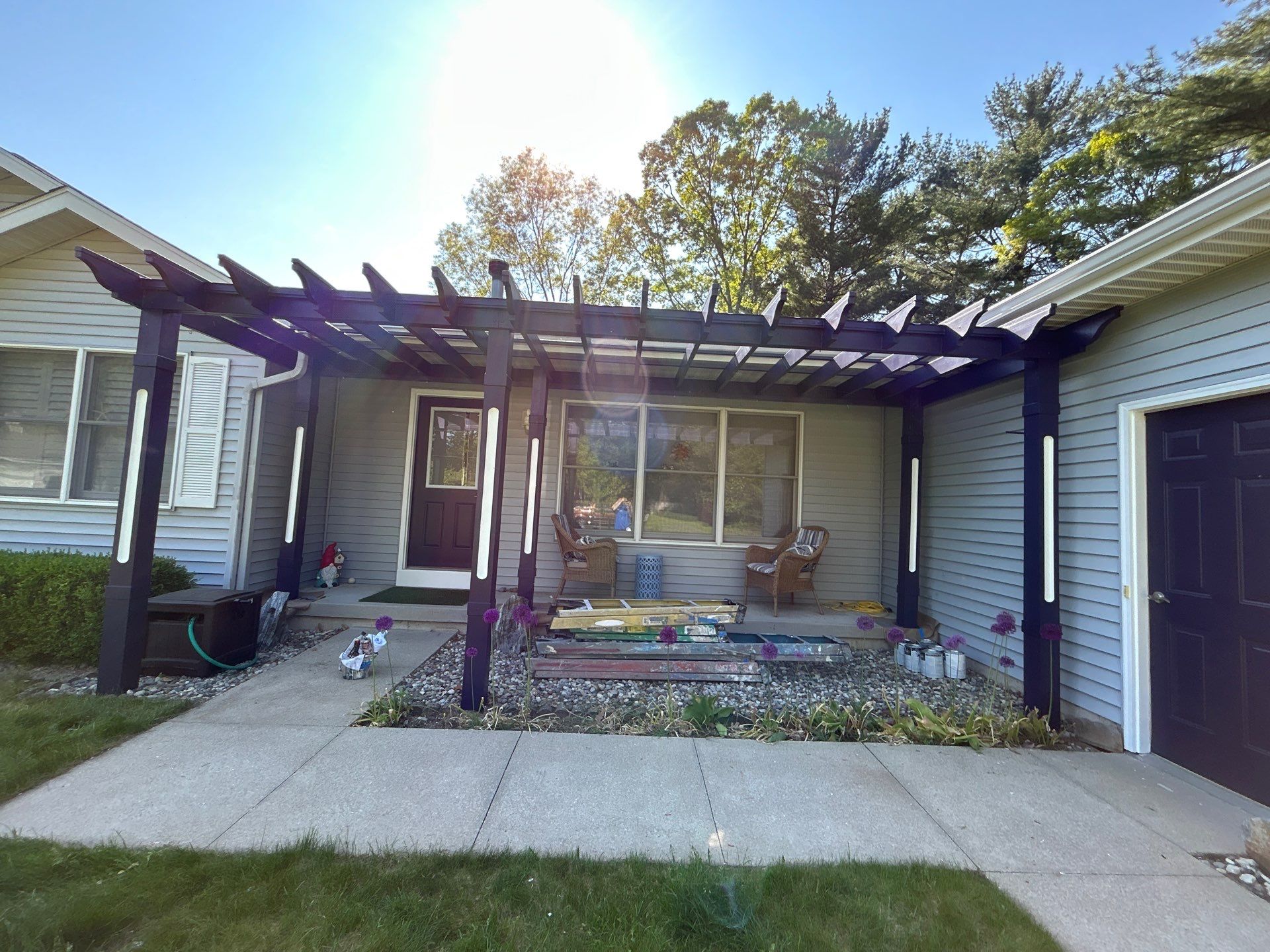 Repaint bedroom furniture, Pergola, and doors. Stain decking by Gordon Painting