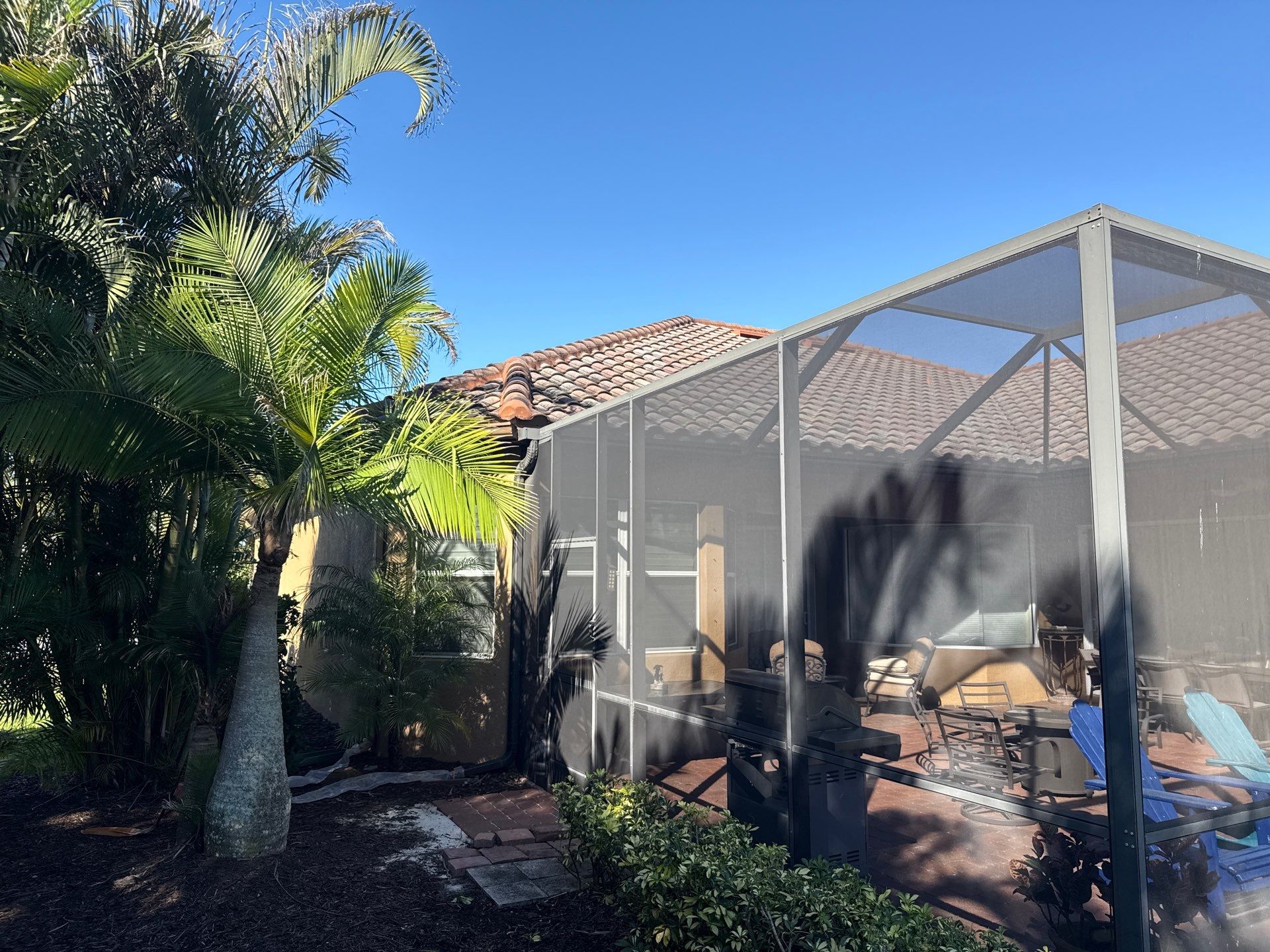 This project focused on a full gutter clean-out to restore proper water flow and prevent overflow issues.  Our scope of work included: 	•	Removing heavy leaf and pollen buildup from the gutter system 	•	Clearing out clogged sections along the rear gutters near the pool cage, where debris tends to accumulate more heavily 	•	Inspecting and cleaning the front gutter guards, which had several blocked areas restricting water flow 	•	Ensuring all downspouts and channels were flowing properly after service  Even with gutter guards installed, debris like pollen, shingle grit, and fine organic matter can still build up over time—especially in Florida’s environment. Regular maintenance helps prevent water damage, overflow, and staining on exterior surfaces.  Another thorough job completed by Sunshine AquaWash® – keeping homes protected from top to bottom. by Sunshine AquaWash