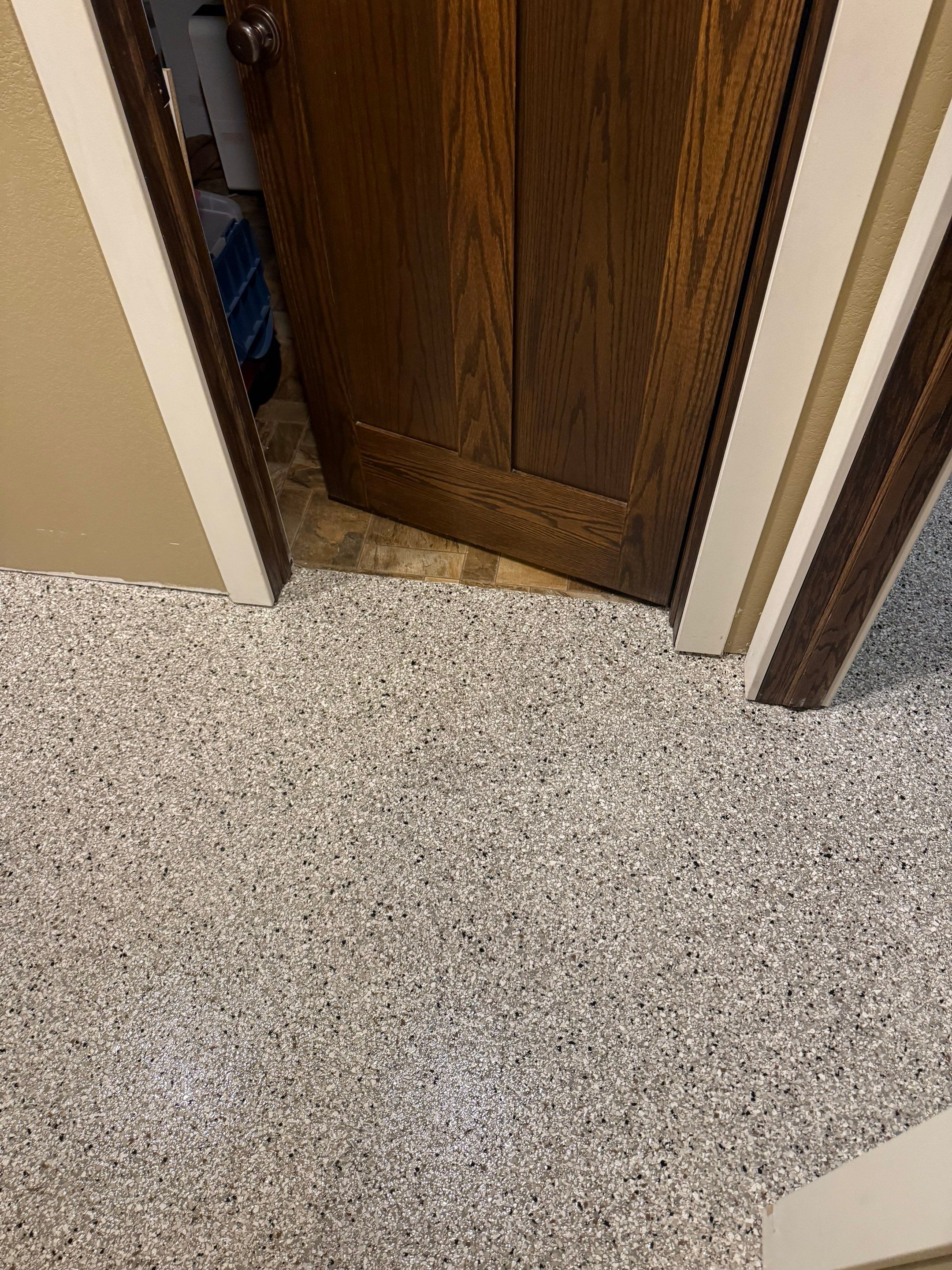 Decorative Flake Concrete Floor Coating for Larchwood Basement by Select Painting, Coatings & Garage Cabinets