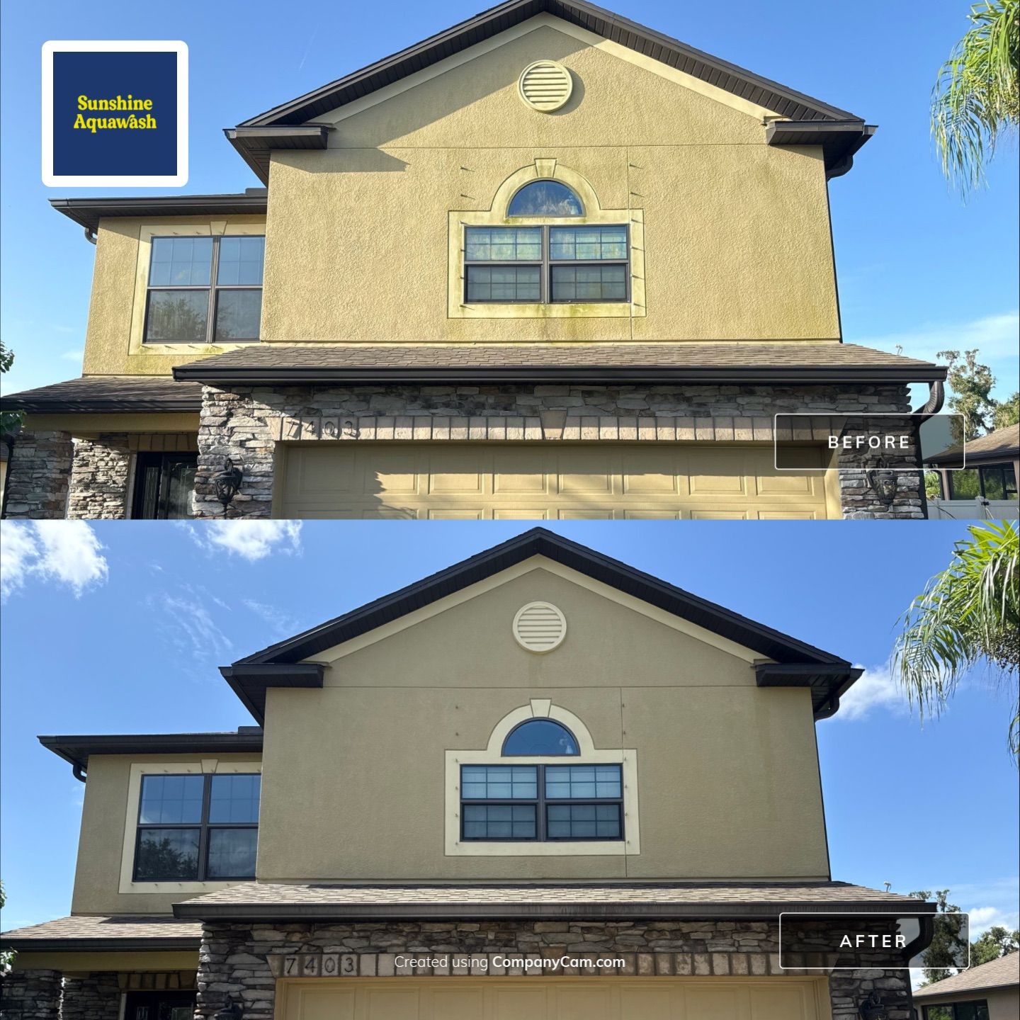 2-Story Stucco House Wash & Tan Vinyl Fence Cleaning | Sheffield Glen Palmetto, FL by Sunshine AquaWash