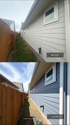 Before and after photo of side yard siding repainted by Hill Country Painting in Austin, TX