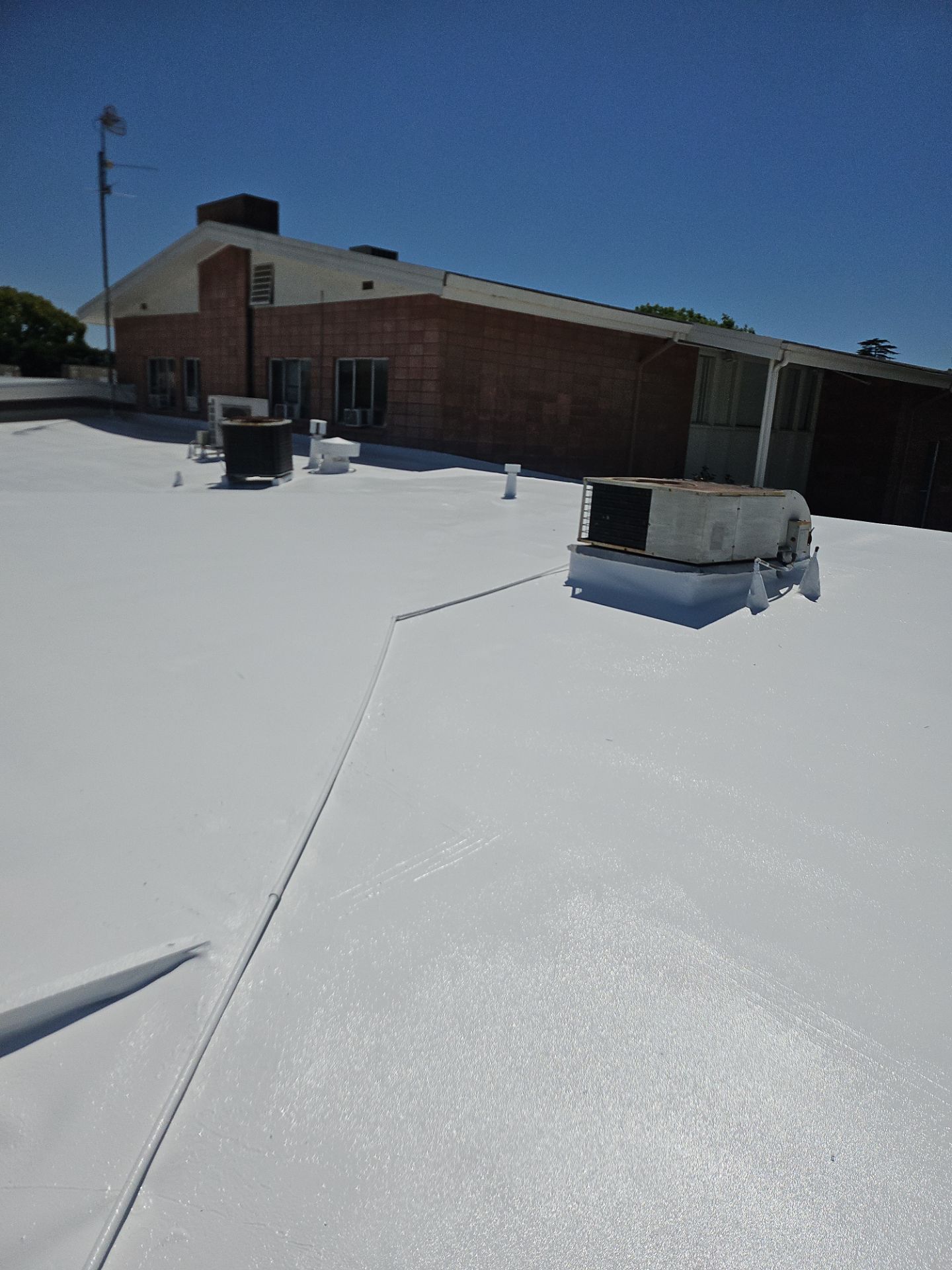 Single-ply restoration system using Benchmark/PUMA XL coatings over TPO single-ply roofing by Straight Edge Roofing Inc