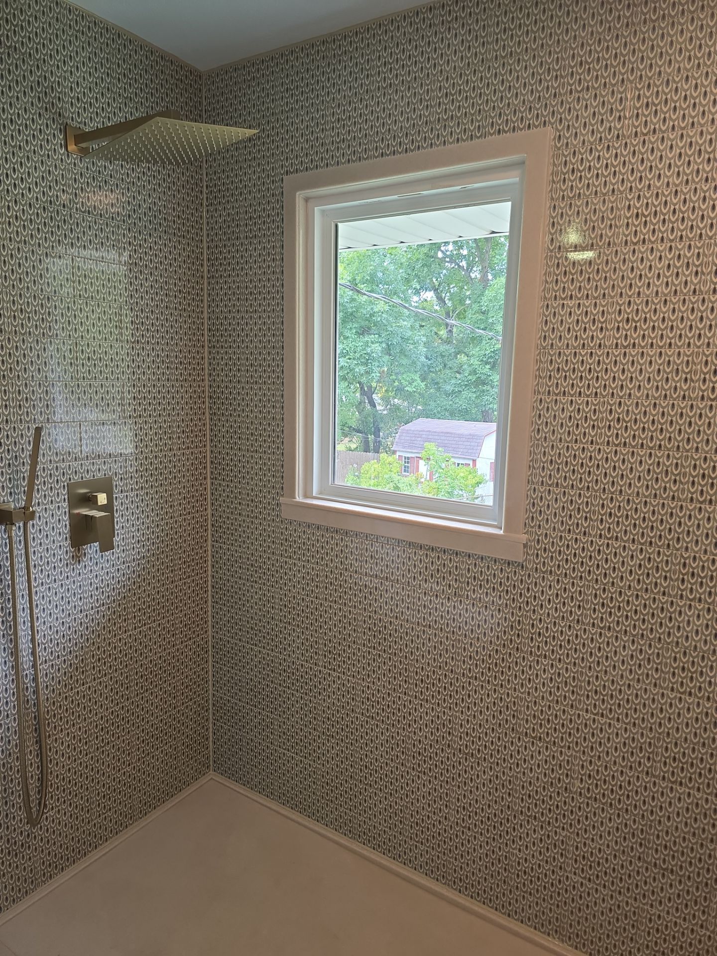 Full bathroom with custom tile by The Shower Company