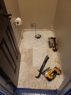 Repair Subfloor, Install Flooring, Flange, Baseboard & Toilet