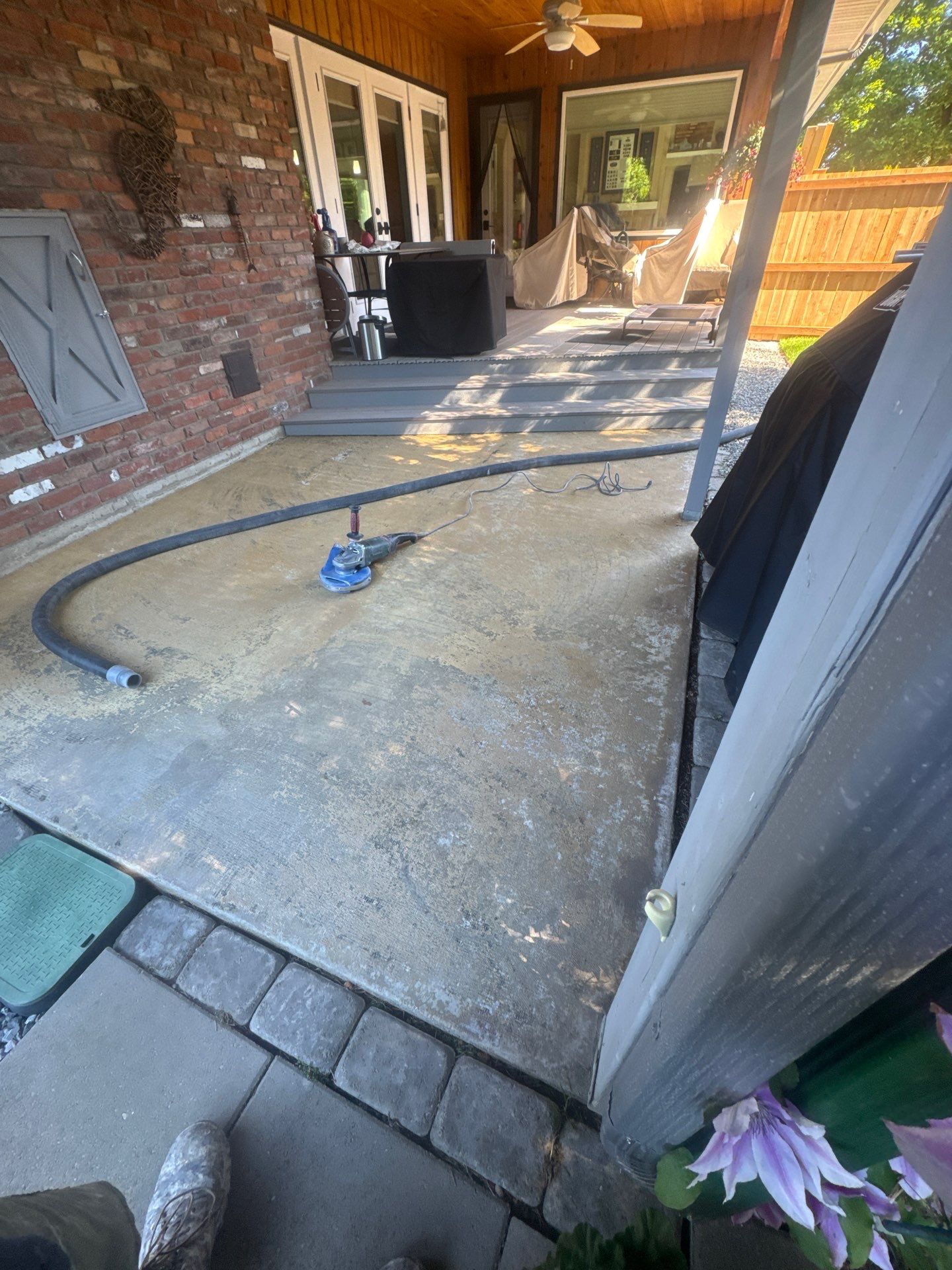 Patio Coating Transformation with Turquoise Hybrid Flake in Spokane by Croc Coatings, LLC