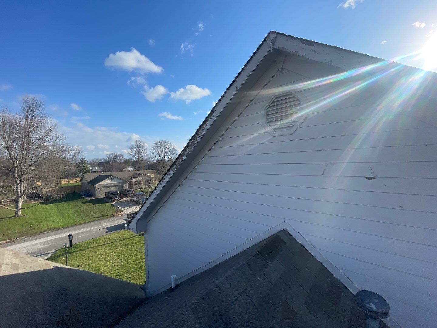 Tornado damage in Whiteland. Roof replacement, James Hardie siding, exterior paint, gutters, windows, doors by 317 Roofing & Restorations