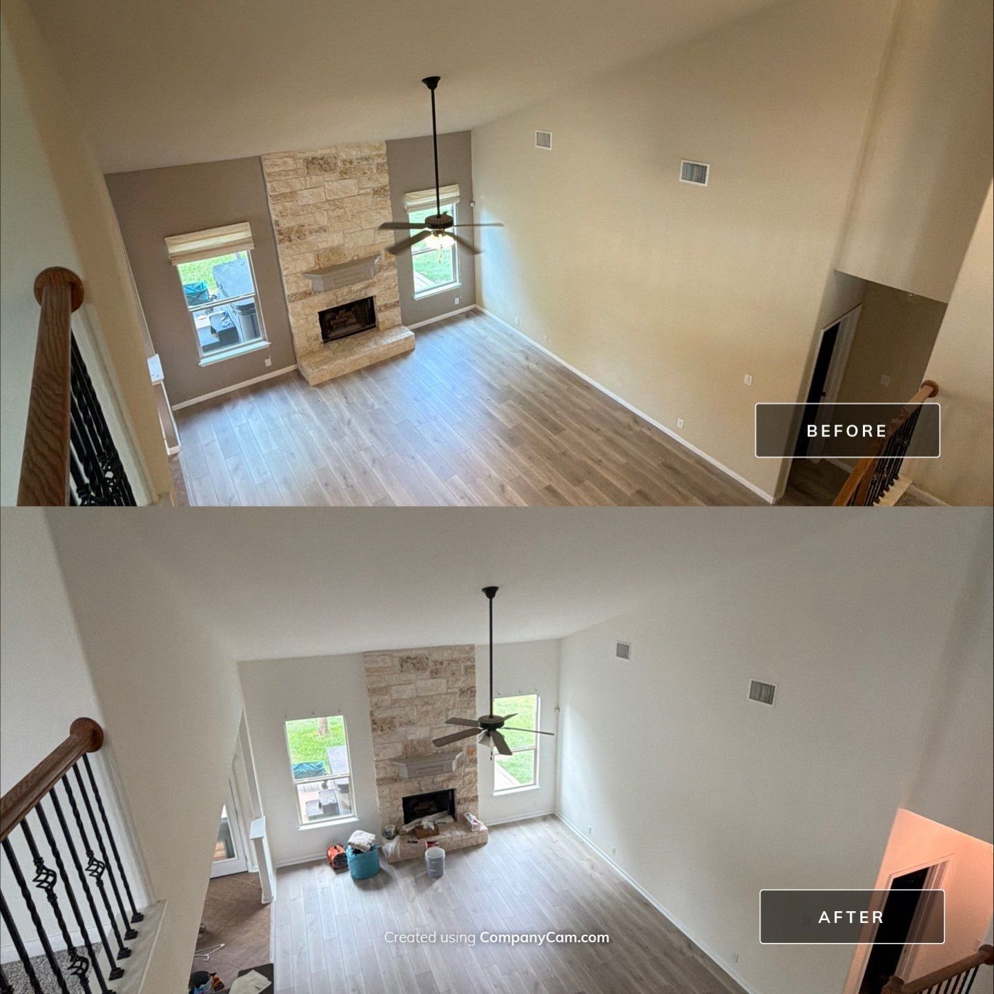 Before and after photo of a living room with fireplace repainted by Hill Country Painting in Dripping Springs, TX