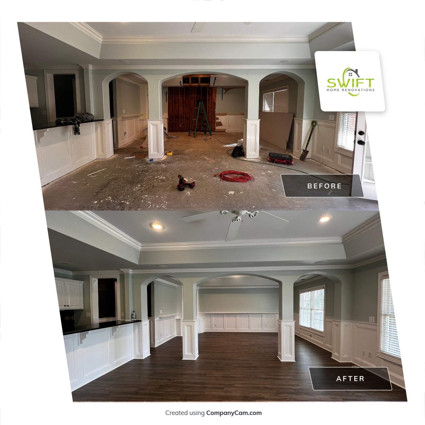 Finished Basement Remodeling with Dark Wood-Look Flooring and Custom Wainscoting by Swift Home Renovations 