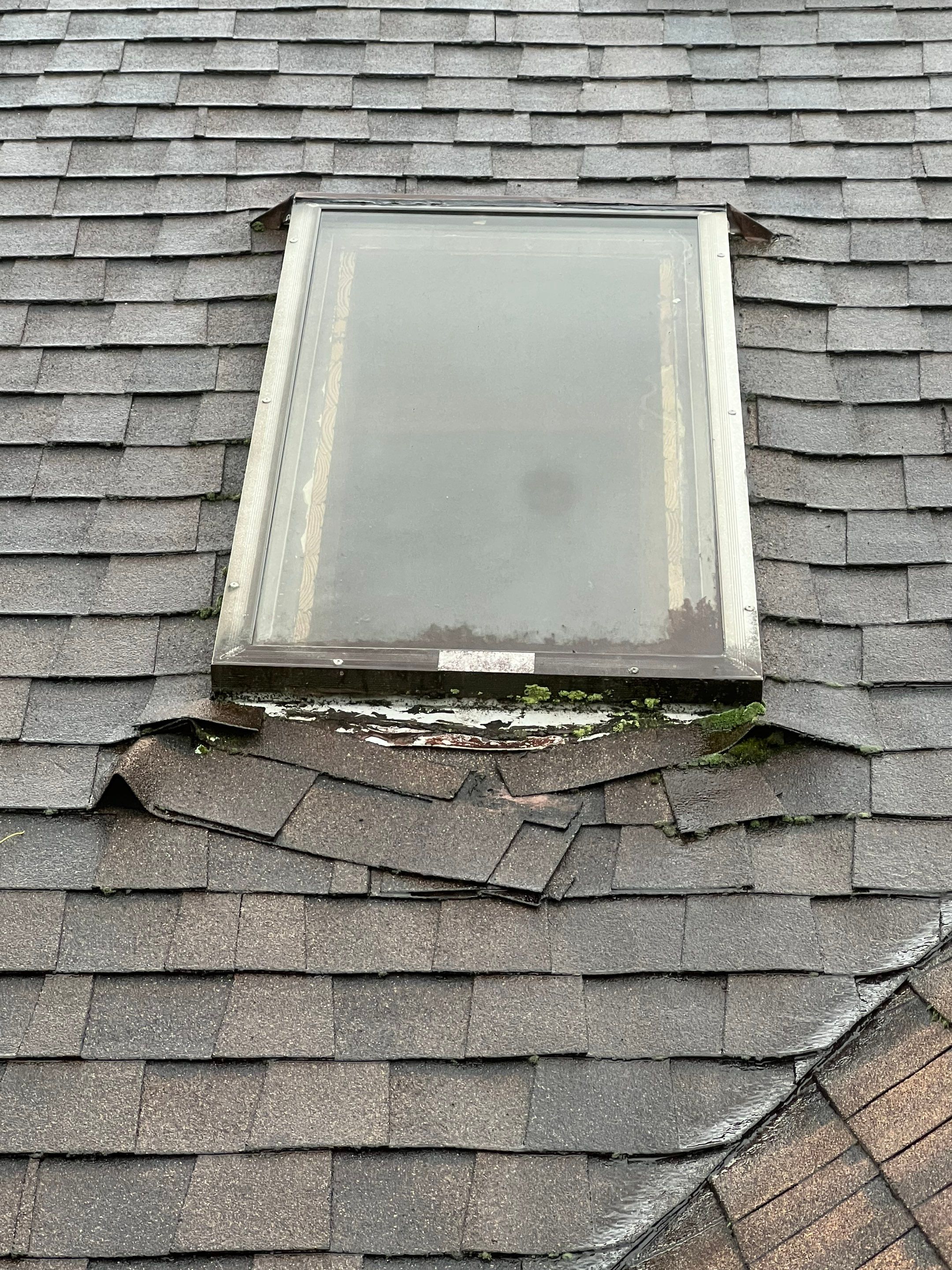 Shingle Roofing with Velux Skylight replacement and stone chimney flashing  by Secure Construction Company Inc