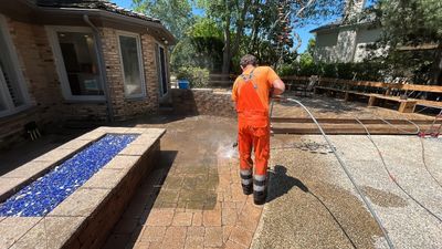 Brick paver clean, sand and seal.  using Algaecide, soft wash soap
