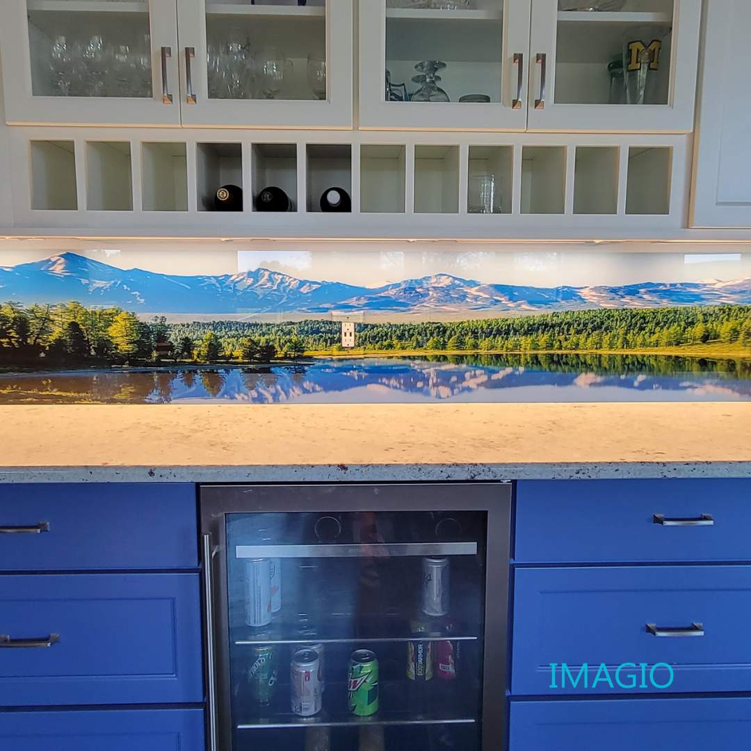 Kitchen Remodel using IMAGIO Mountains & Tropics Solid Glass Backsplash by IMAGIO