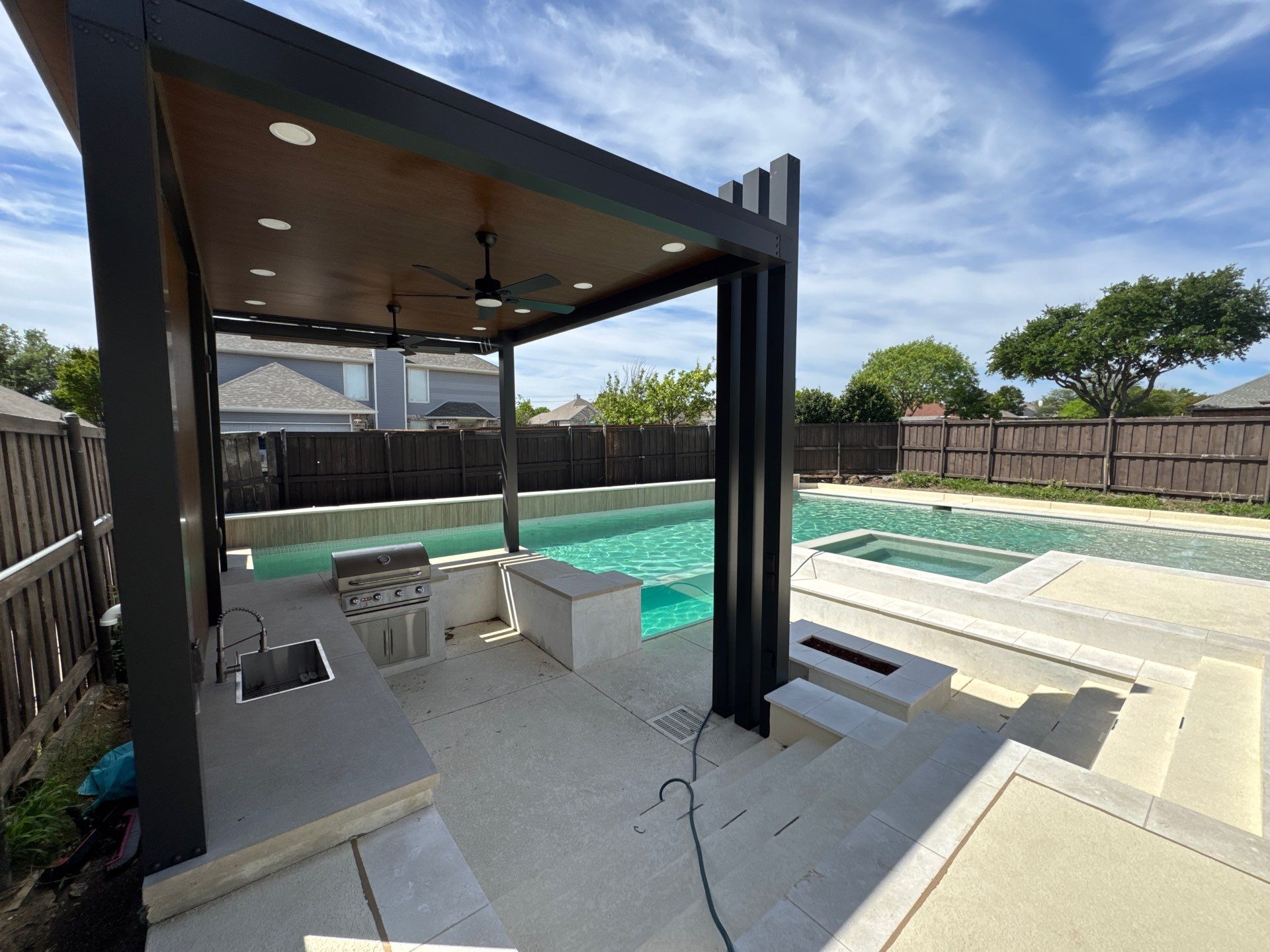 Modern Geometric Pool with Cabana and Fire Feature by Pinnacle Pools and Spas - DFW