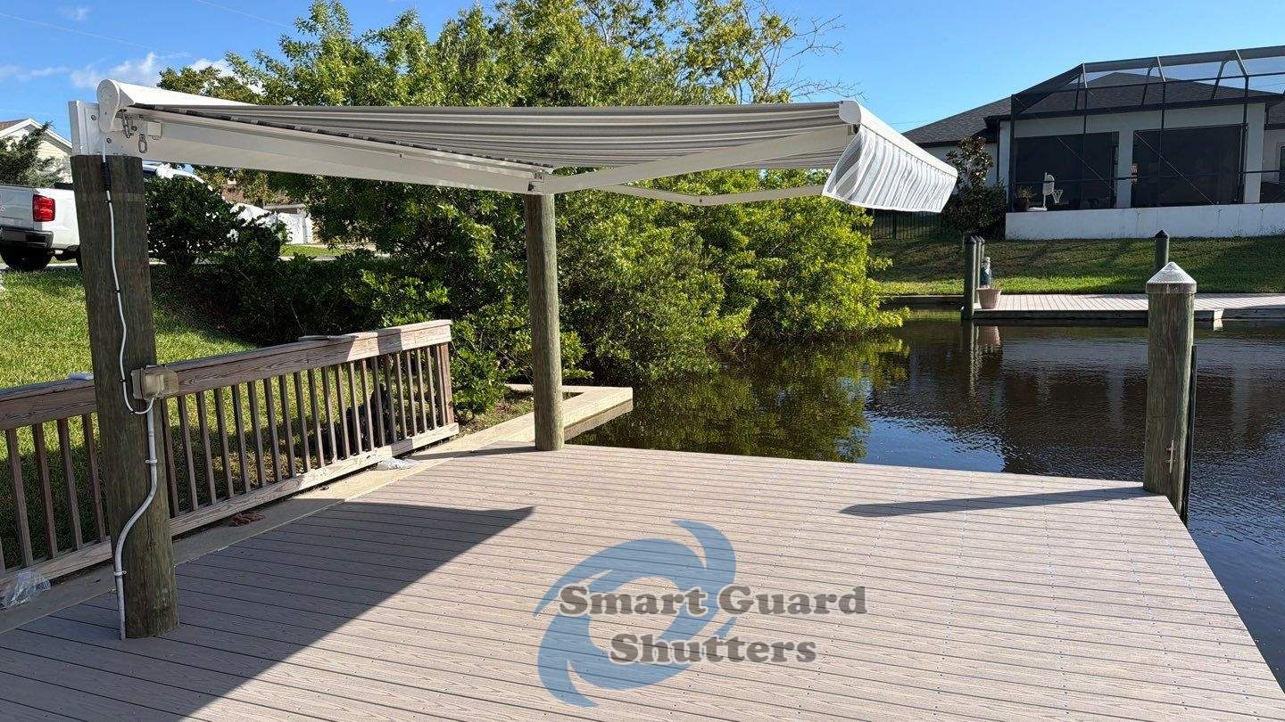Retractable Awning in Sunbrella Marco Blue Grey by Smart Guard Shutters