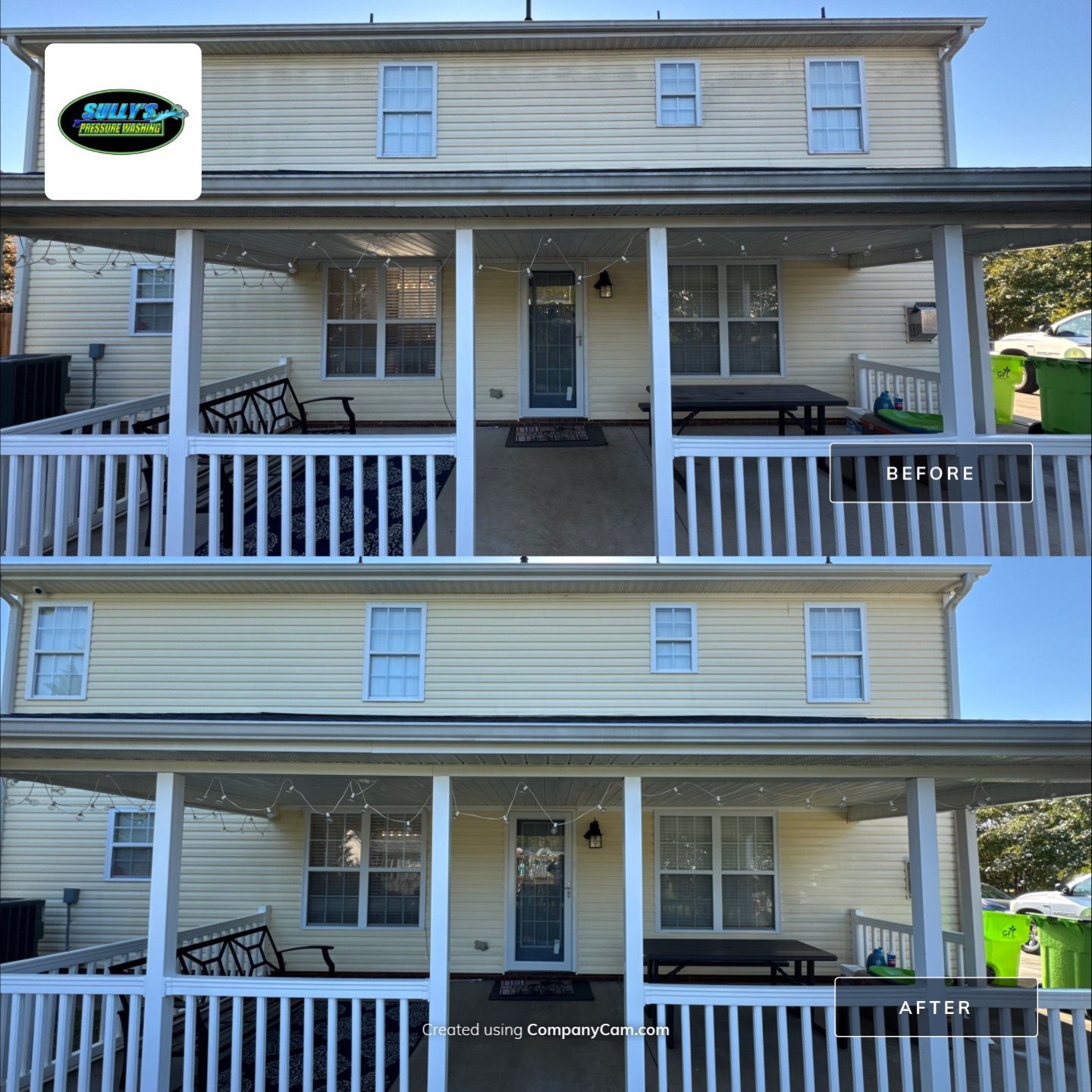 the service shows pressure washing of the house exterior and porch areas resulting in a clean and refreshed appearance