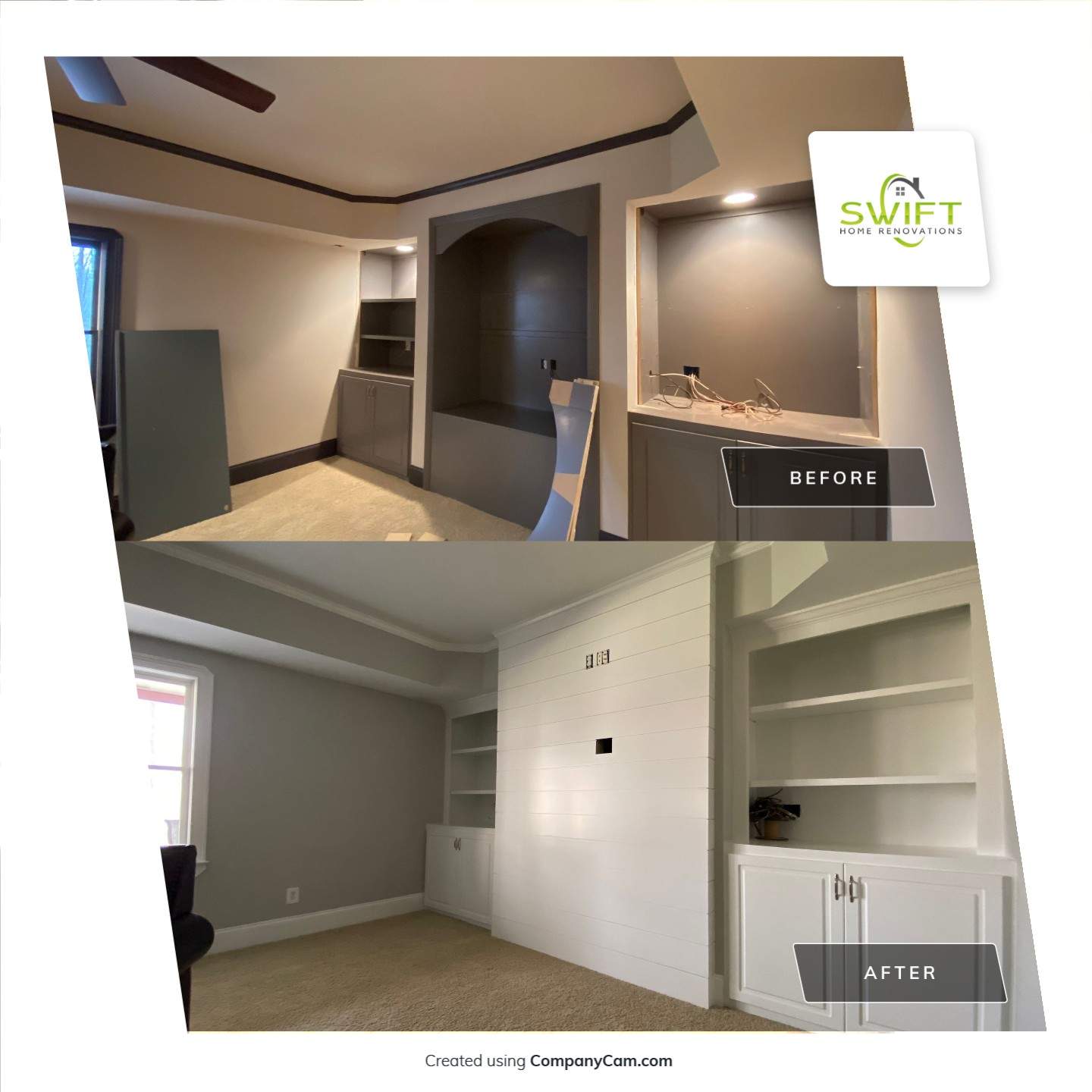 Finished Basement Renovation with Custom Shiplap and Modernized Wood Railings by Swift Home Renovations 