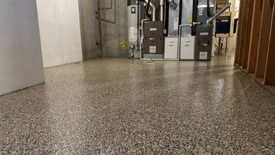 Shelly E. chose a riverbed flake floor for their basement 
