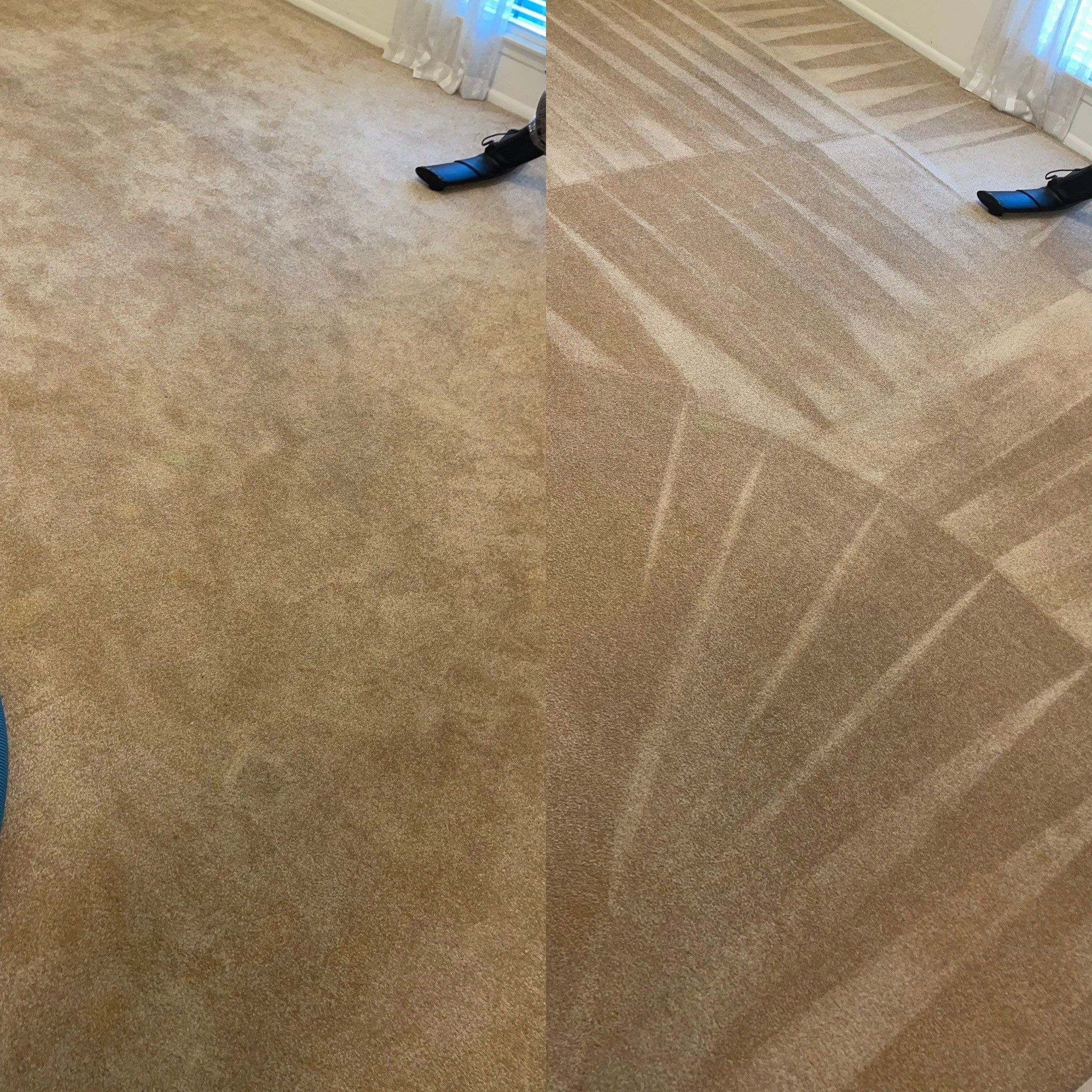 the image shows a before and after comparison of a carpet cleaning service provided by a company the left side of the photo shows a carpet with visible dirt and stains suggesting it is the before cleaning condition the right side displays the same carpet looking significantly cleaner with the patterns made by what appears to be a carpet cleaning machine indicating the after cleaning result the service shown is likely a deep cleaning of the carpet to remove dirt stains and possibly allergens or odors for a refreshed look and improved indoor environment