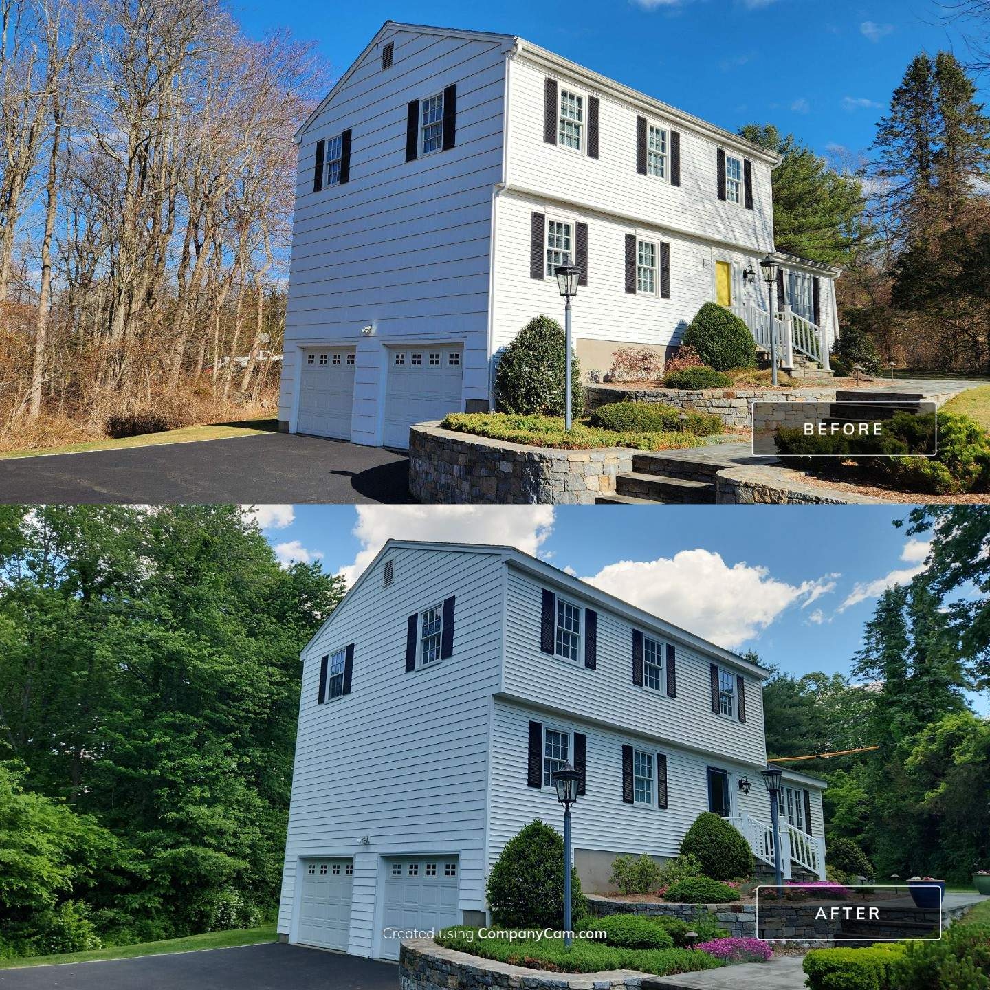 Siding update with Cert Cedar Impressions D/7 perfection straight bottom, White & Cert. Monogram D/4 x 25' clapboard, White by DiGiorgi Roofing and Siding Inc