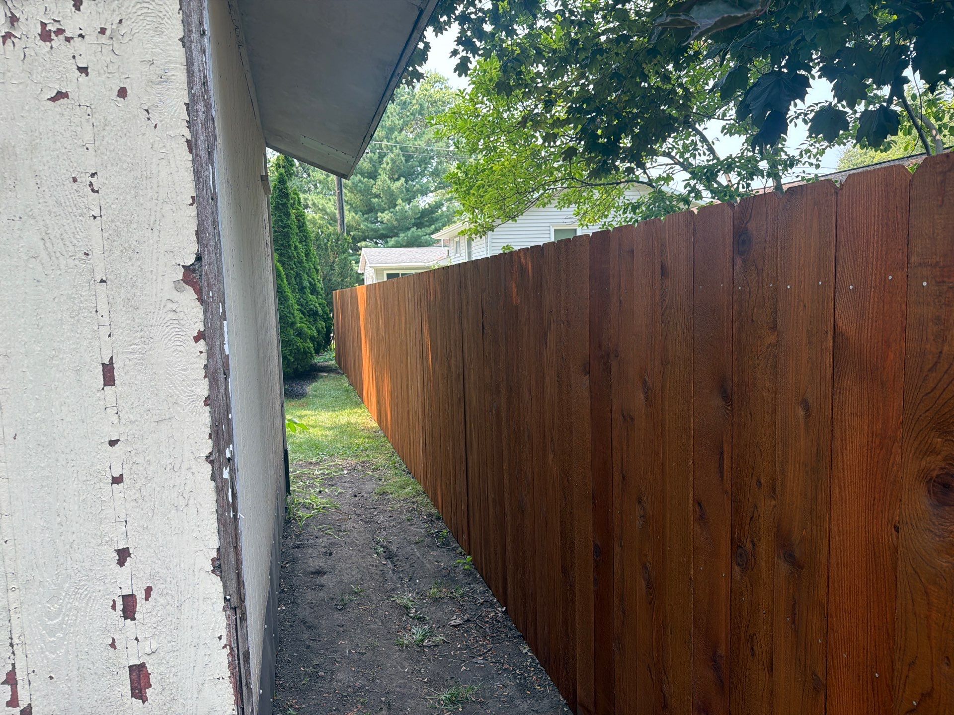 Pecan Cedar Privacy Fence Installation with Scalloped Top in Cedar Falls by Perfect Picket Fence and Stain