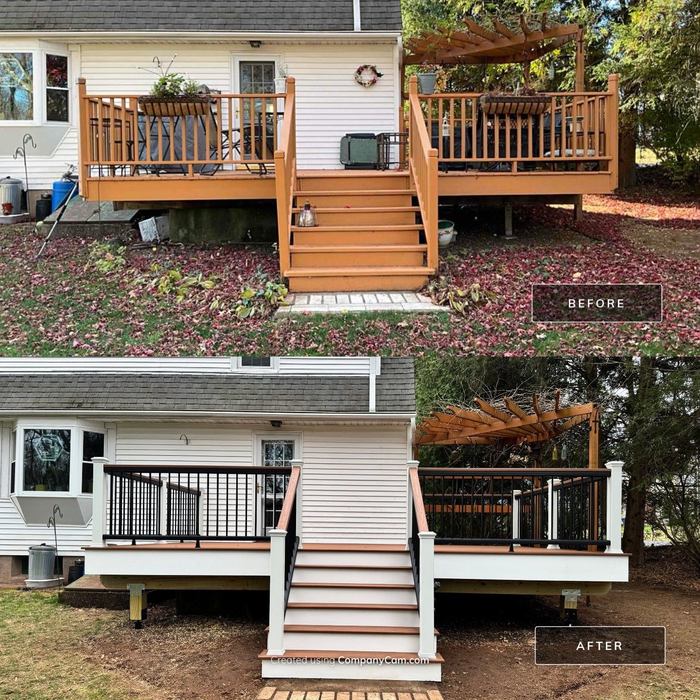 Replacement deck with Trex Transcend Tiki Torch deck boards and matching cocktail rail. by DiGiorgi Roofing and Siding Inc