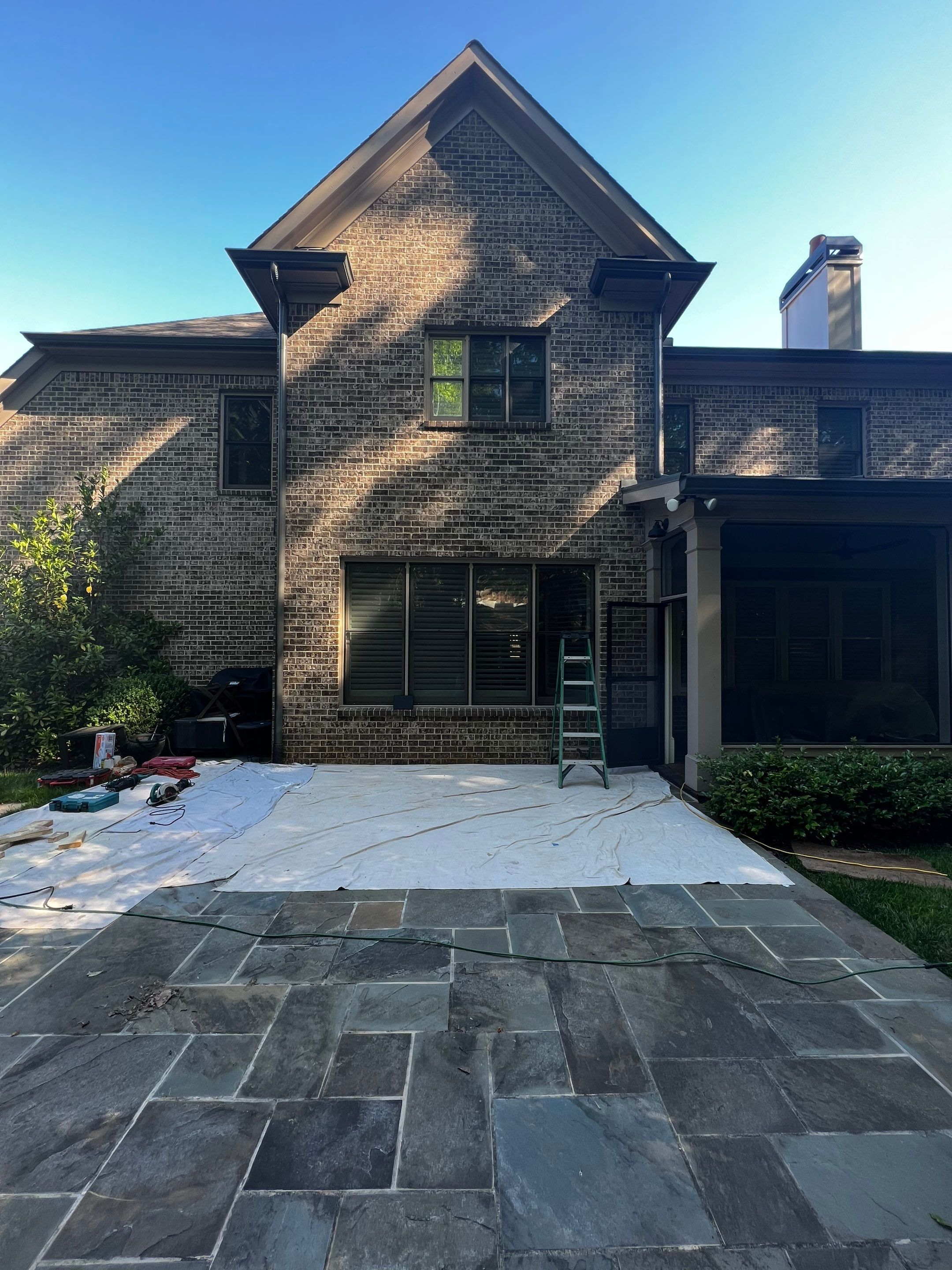 Atlanta French Door Installation with Custom Wood Overhang and Flagstone Patio by Swift Home Renovations