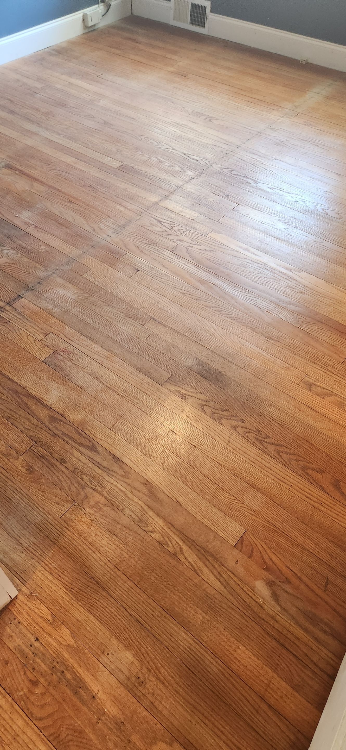 Sand & Refinish Red Oak with Duraseal Jacobean and Bona Mega Satin Finish using Dureaseal Jacobean and Bona Mega by Footprints Floors Morristown